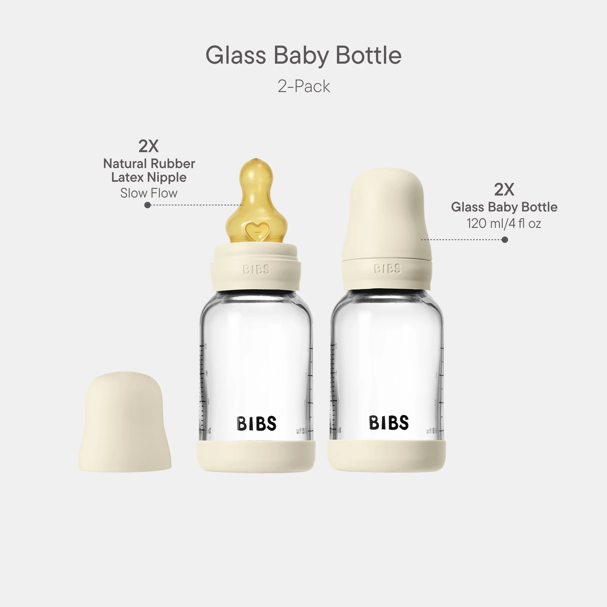 BIBS Glass Baby Bottle Round Latex 2 Pack 120 Ml Slow Flow Ivory