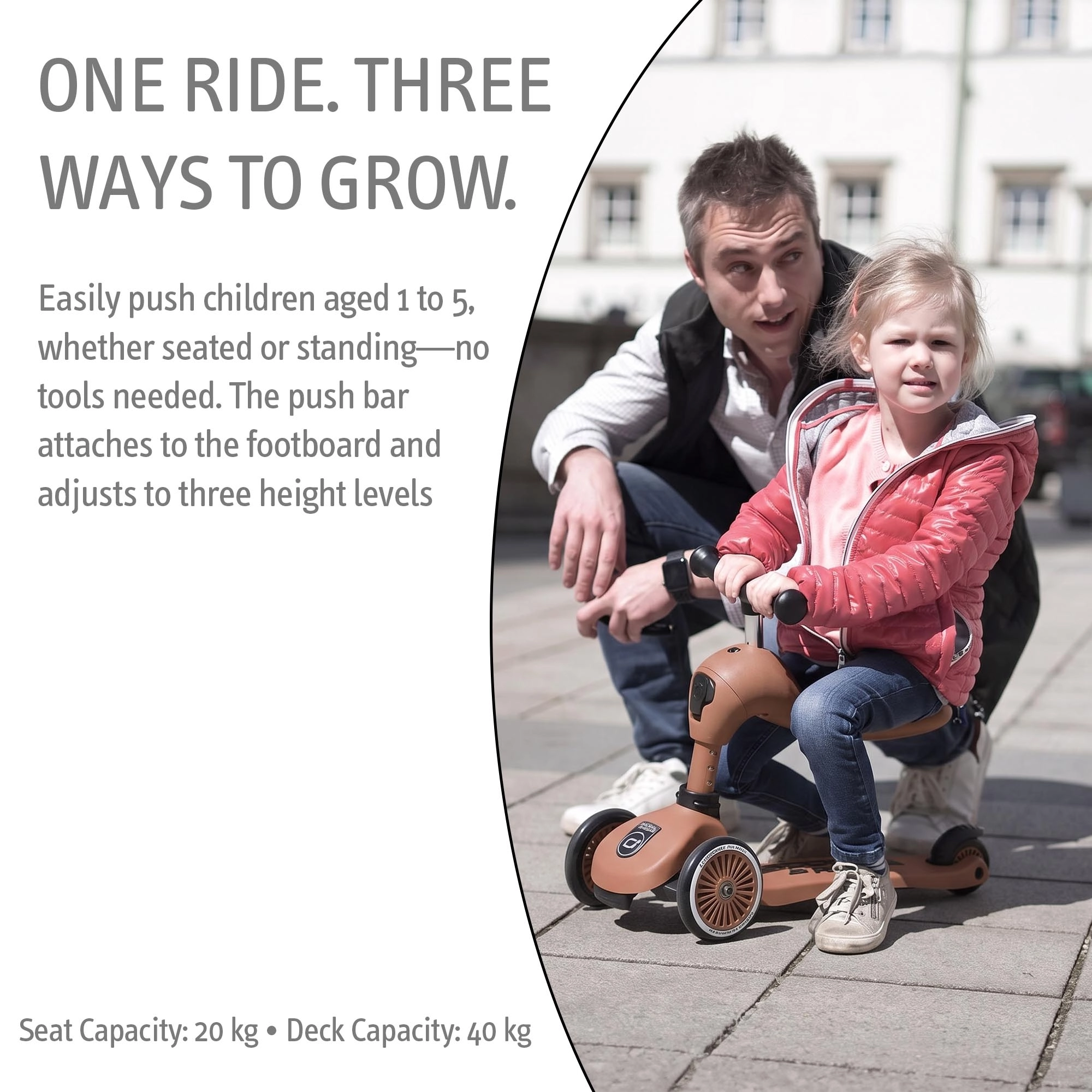 Scoot & Ride Highwaykick 1 Push & Go, 2-in-1 Toddler Scooter with Seat, Adjustable Parent Push Bar, Removable Footrests & Convertible Ride-On, Mocha