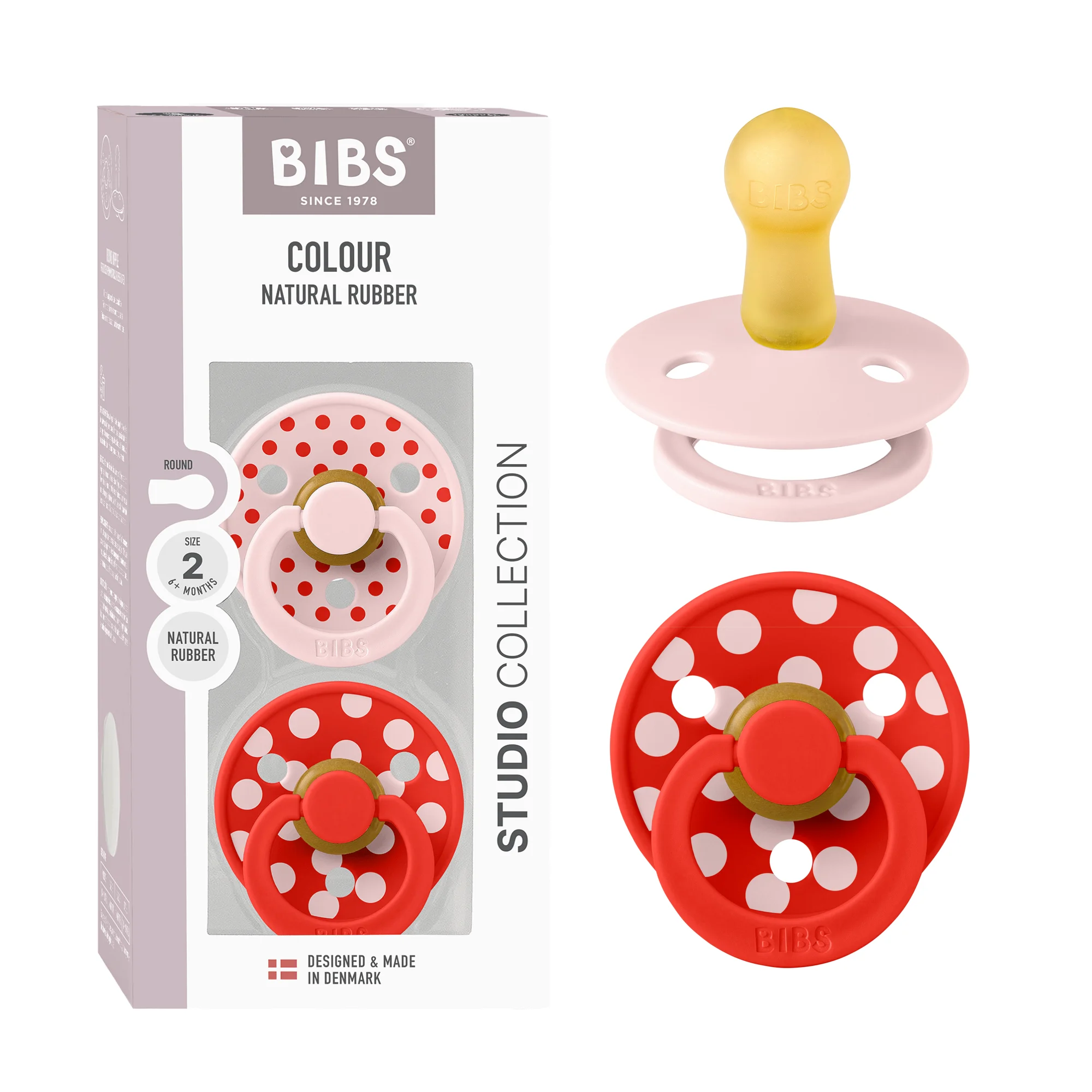 BIBS Pacifier Studio Colour 2 Pack Polka Latex Size 2 Blossom Candy Apple