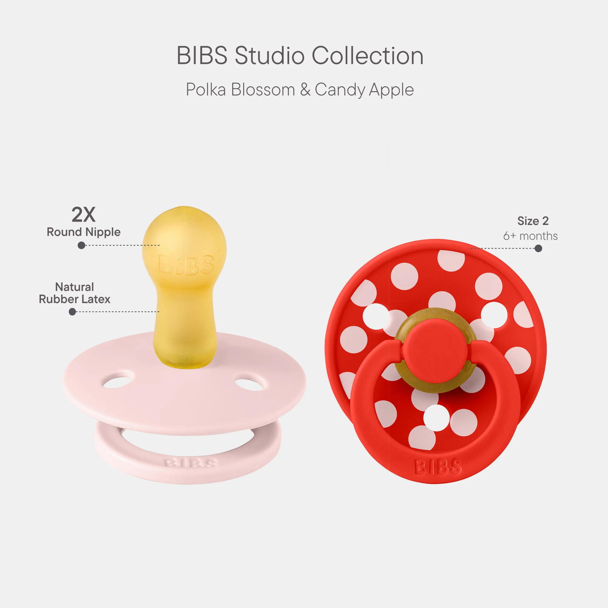 BIBS Pacifier Studio Colour 2 Pack Polka Latex Size 2 Blossom Candy Apple