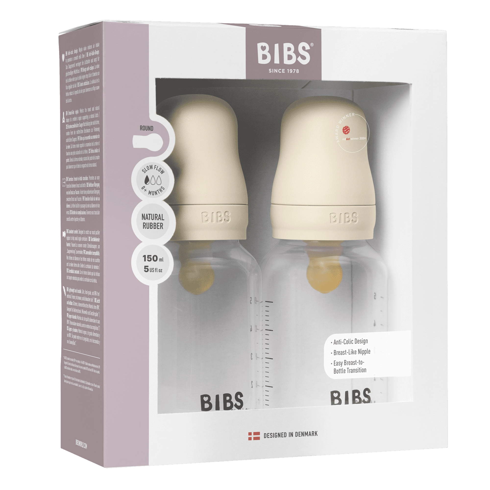 BIBS Baby Bottle Round Nipple Latex 2 Pack 150 Ml Slow Flow Ivory