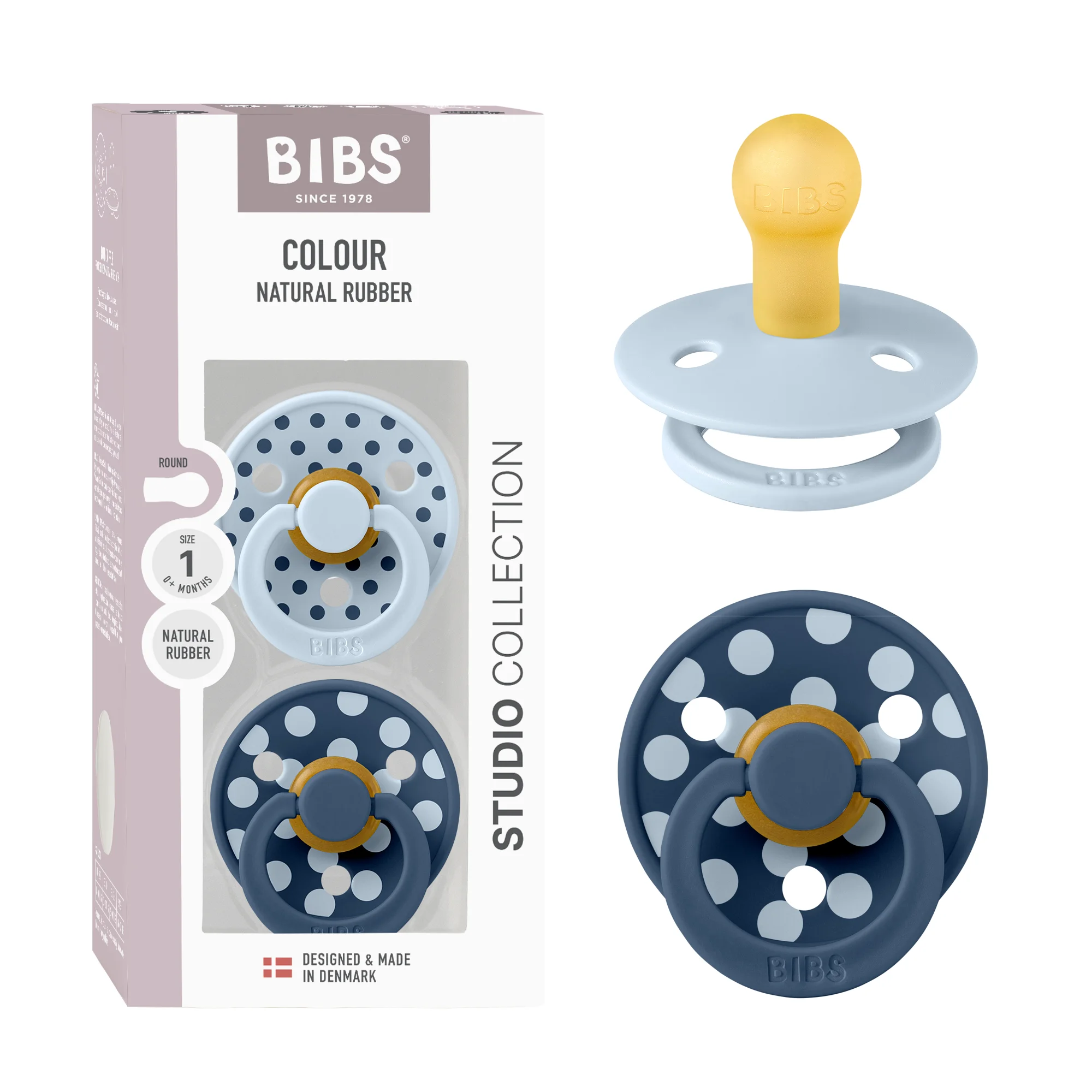 BIBS Pacifier Studio Colour 2 Pack Polka Latex Size 1 Baby Blue Steel Blue
