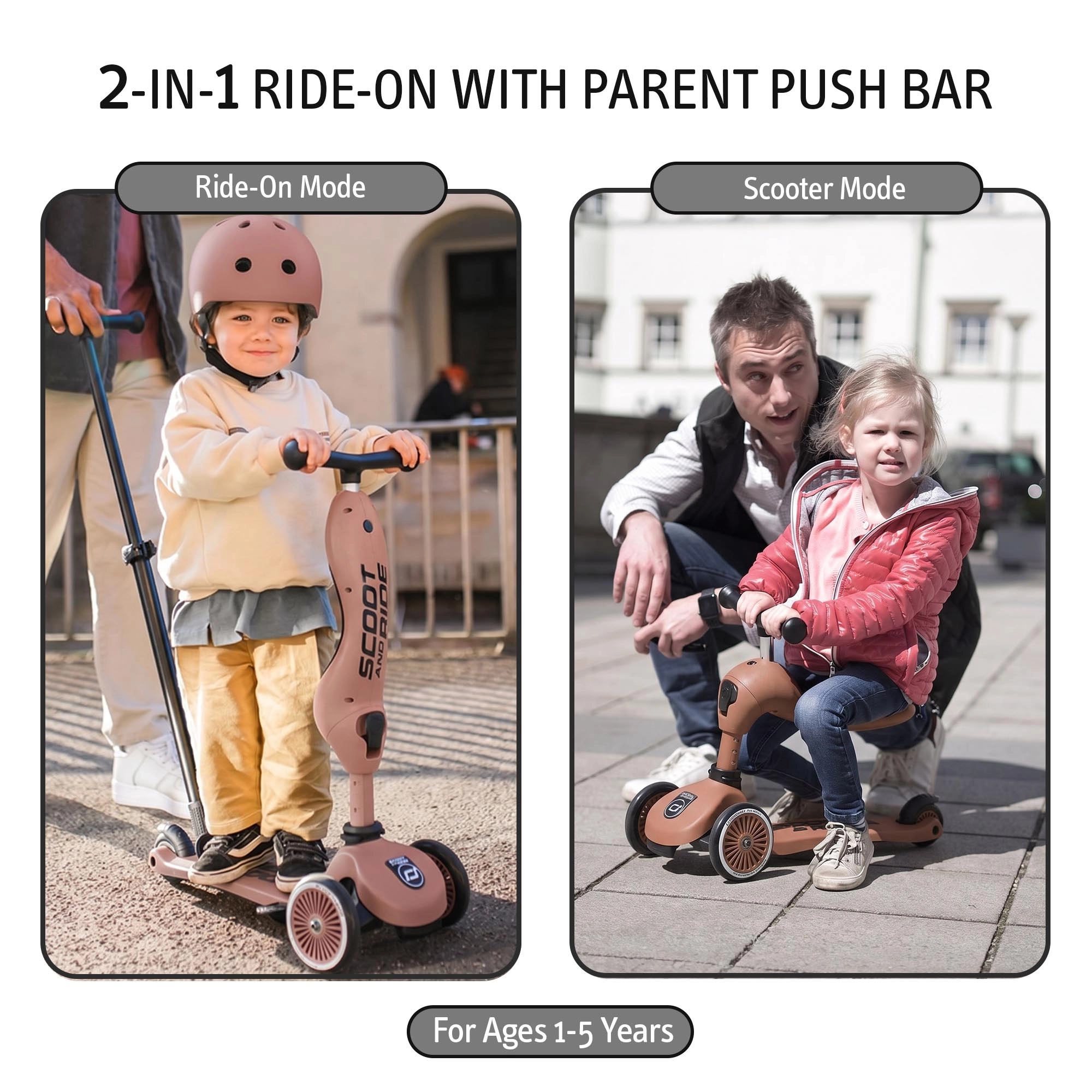 Scoot & Ride Highwaykick 1 Push & Go, 2-in-1 Toddler Scooter with Seat, Adjustable Parent Push Bar, Removable Footrests & Convertible Ride-On, Mocha