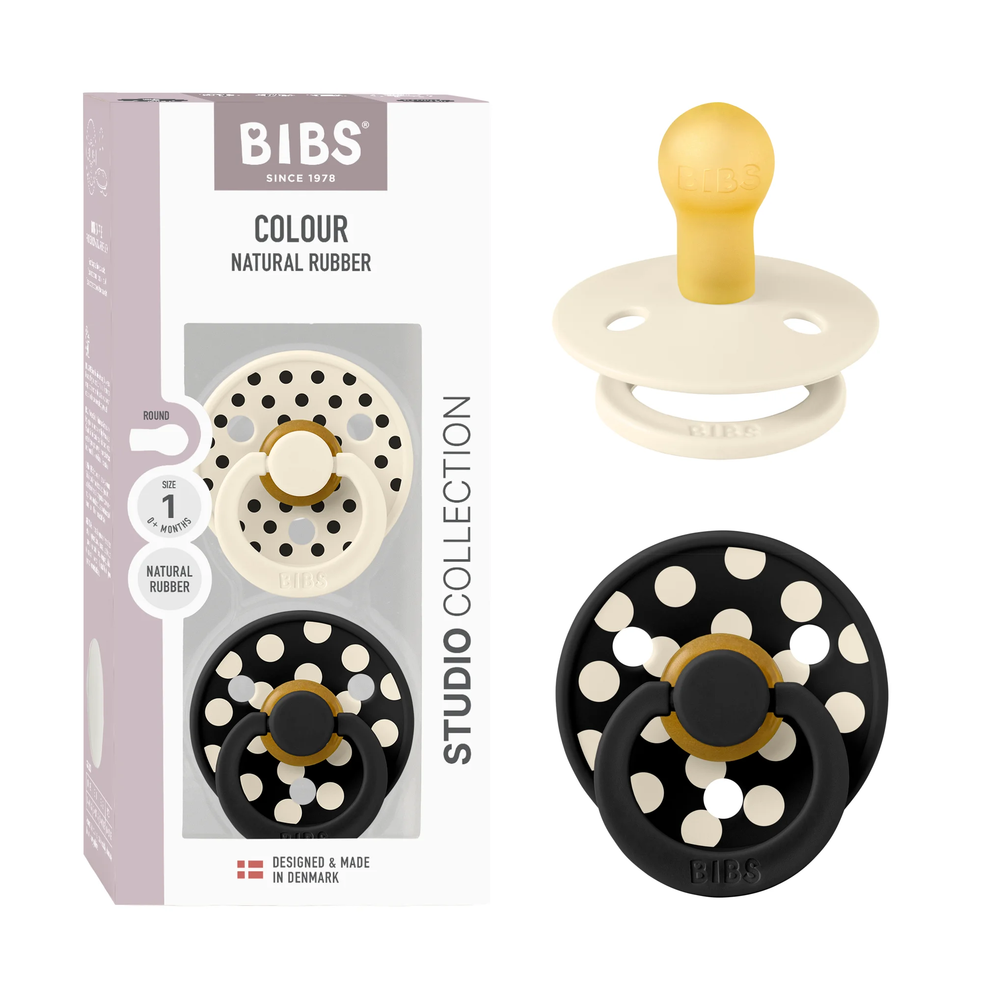 BIBS Pacifier Studio Colour 2 Pack Polka Latex Size 1 Ivory Black
