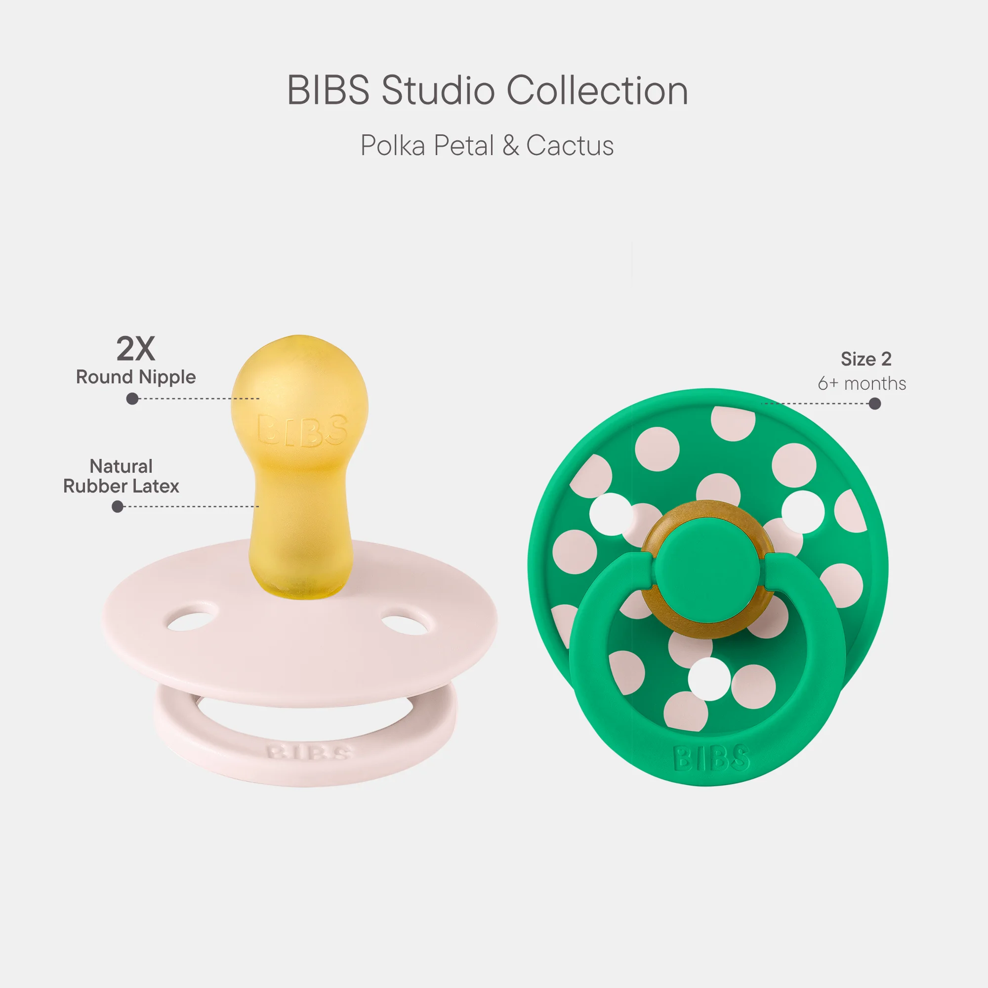 BIBS Pacifier Studio Colour 2 Pack Polka Latex Size 2 Petal Cactus