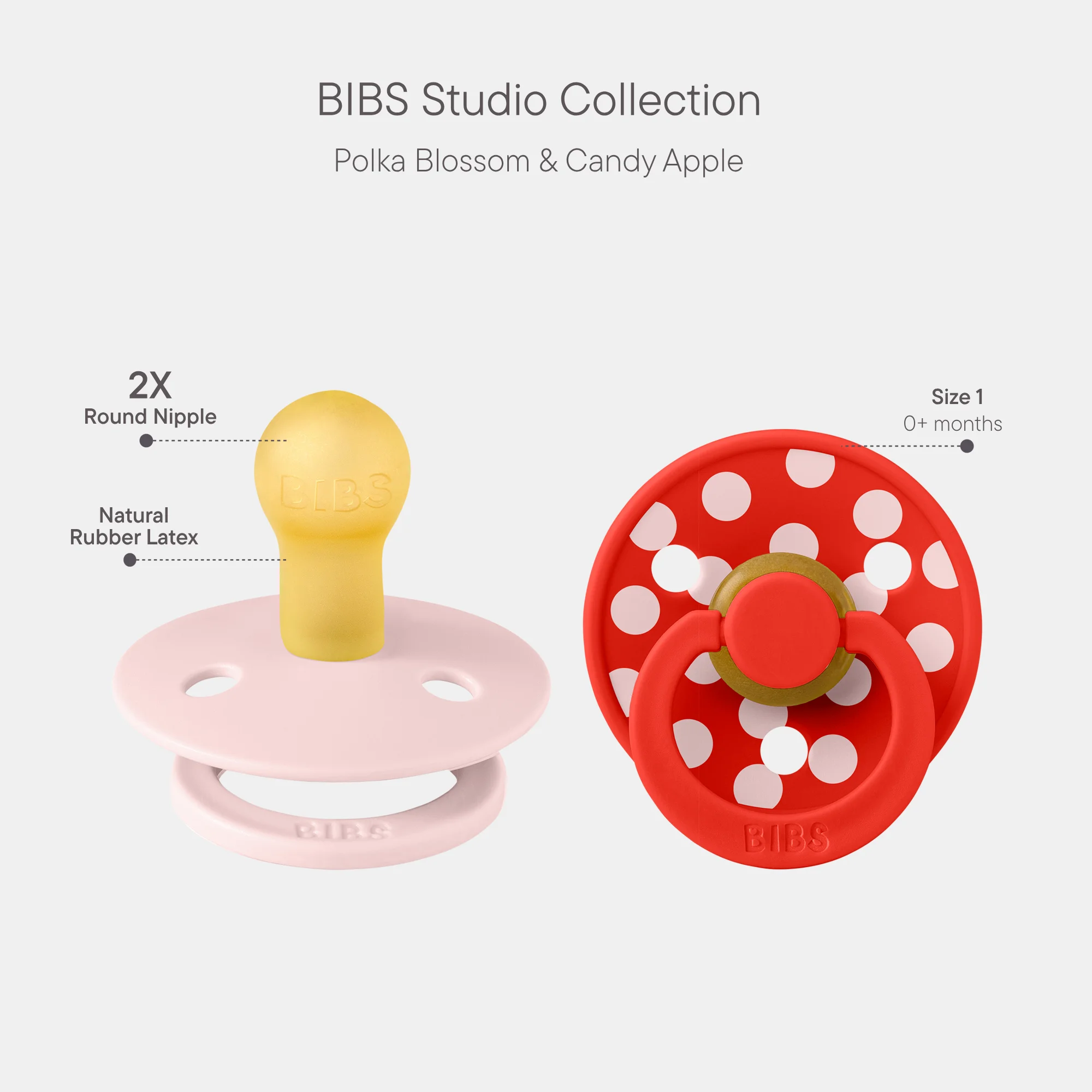 BIBS Pacifier Studio Colour 2 Pack Polka Latex Size 1 Blossom Candy Apple