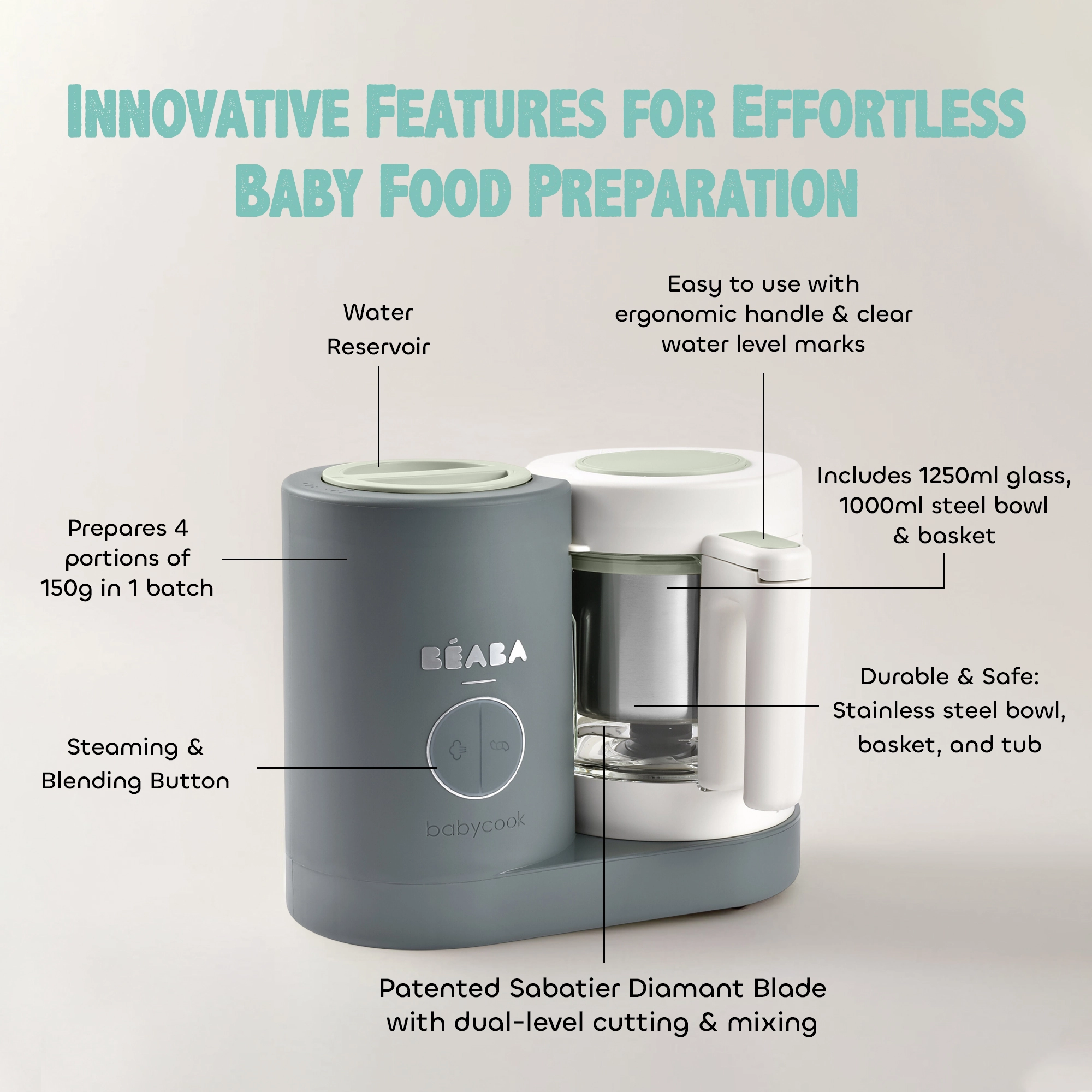 Beaba Babycook Neo Baby Food Processor, 6-in-1 Baby Food Maker, Multifunctional Baby Blender with Steamer, Perfect for Homemade Baby Food, Easy to Use, Large Capacity, Dishwasher Safe, Mineral Grey