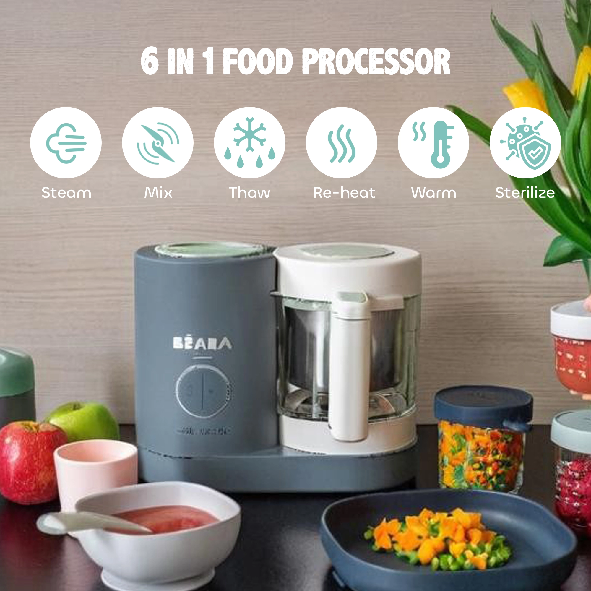 Beaba Babycook Neo Baby Food Processor, 6-in-1 Baby Food Maker, Multifunctional Baby Blender with Steamer, Perfect for Homemade Baby Food, Easy to Use, Large Capacity, Dishwasher Safe, Mineral Grey