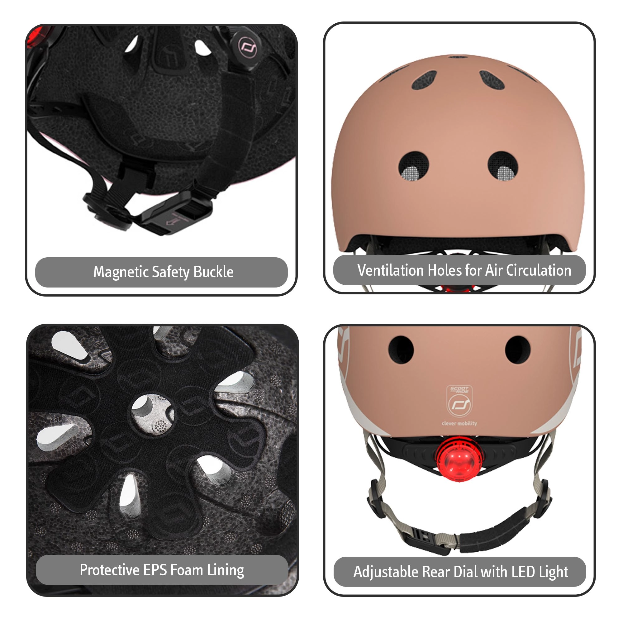Scoot & Ride Baby Helmet XXS-S, Adjustable Kids Helmet with Magnetic Fastener, Baby Head Protector for Children with 45–51 cm Head Size, Mocha
