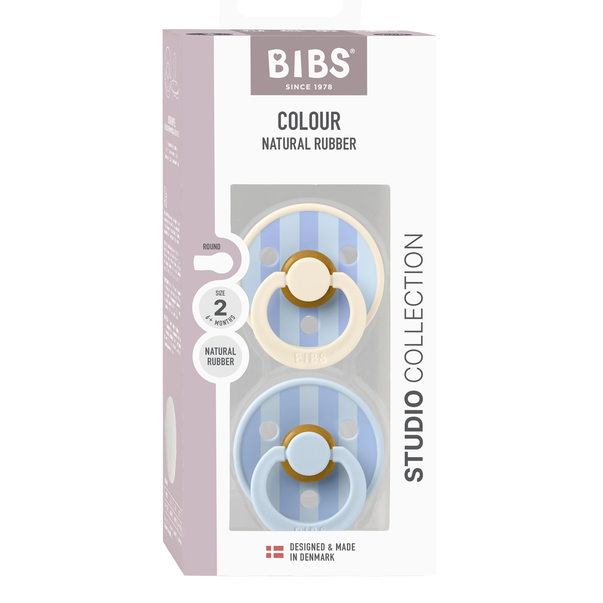 BIBS Round Pacifier Studio Colour 2 Pack Block Latex Size 2 Baby Blue Dusty Blue Mix