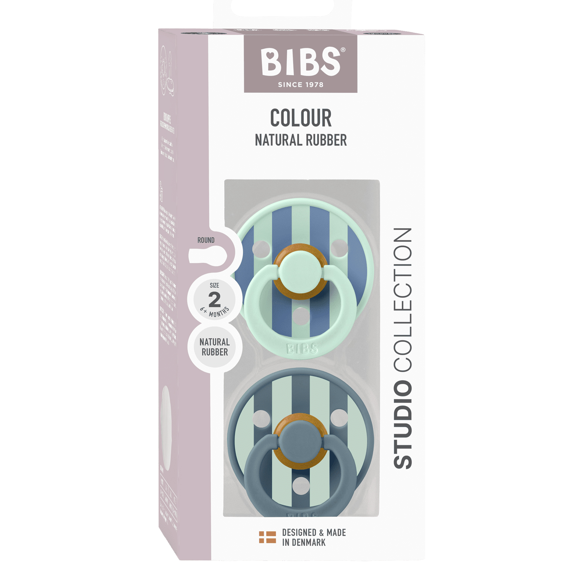 BIBS Round Pacifier Studio Colour 2 Pack Block Latex Size 2 Nordic Mint Petrol Mix