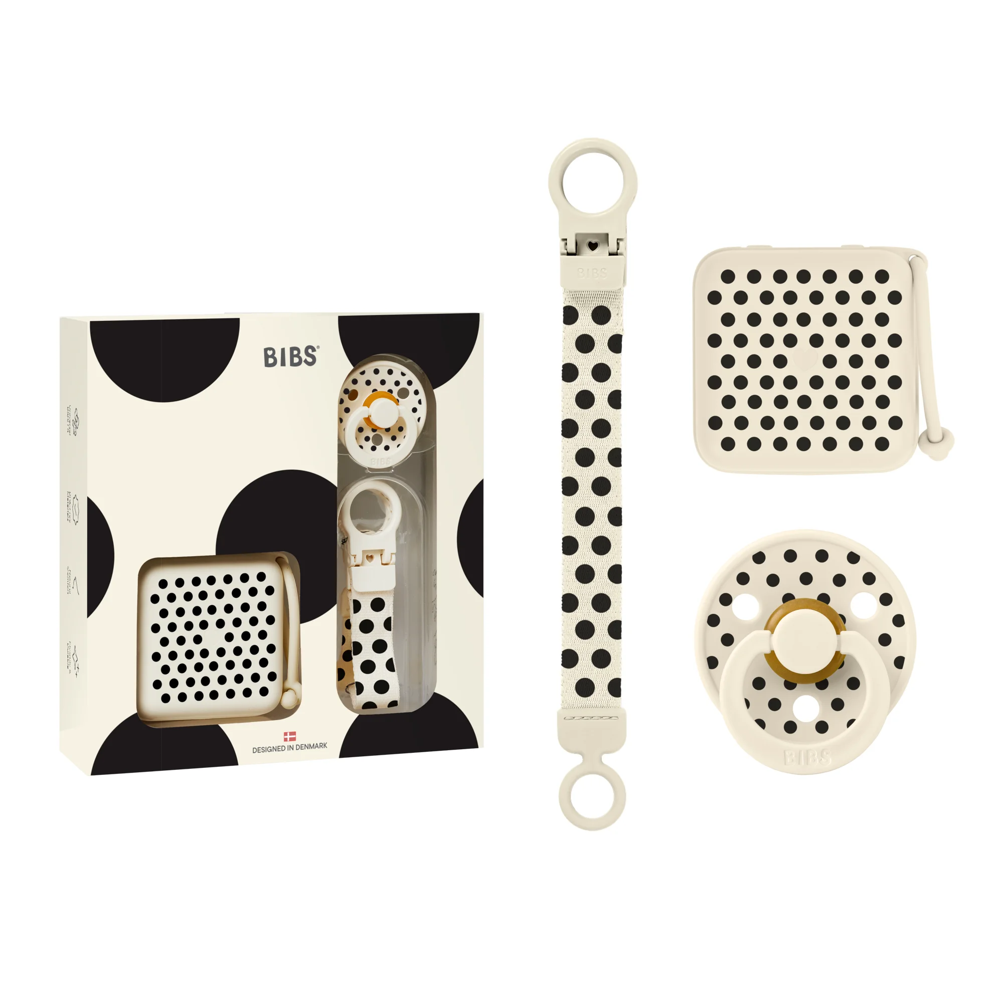BIBS Gift Set Polka Soothe & Go Latex Size 2 Ivory Black