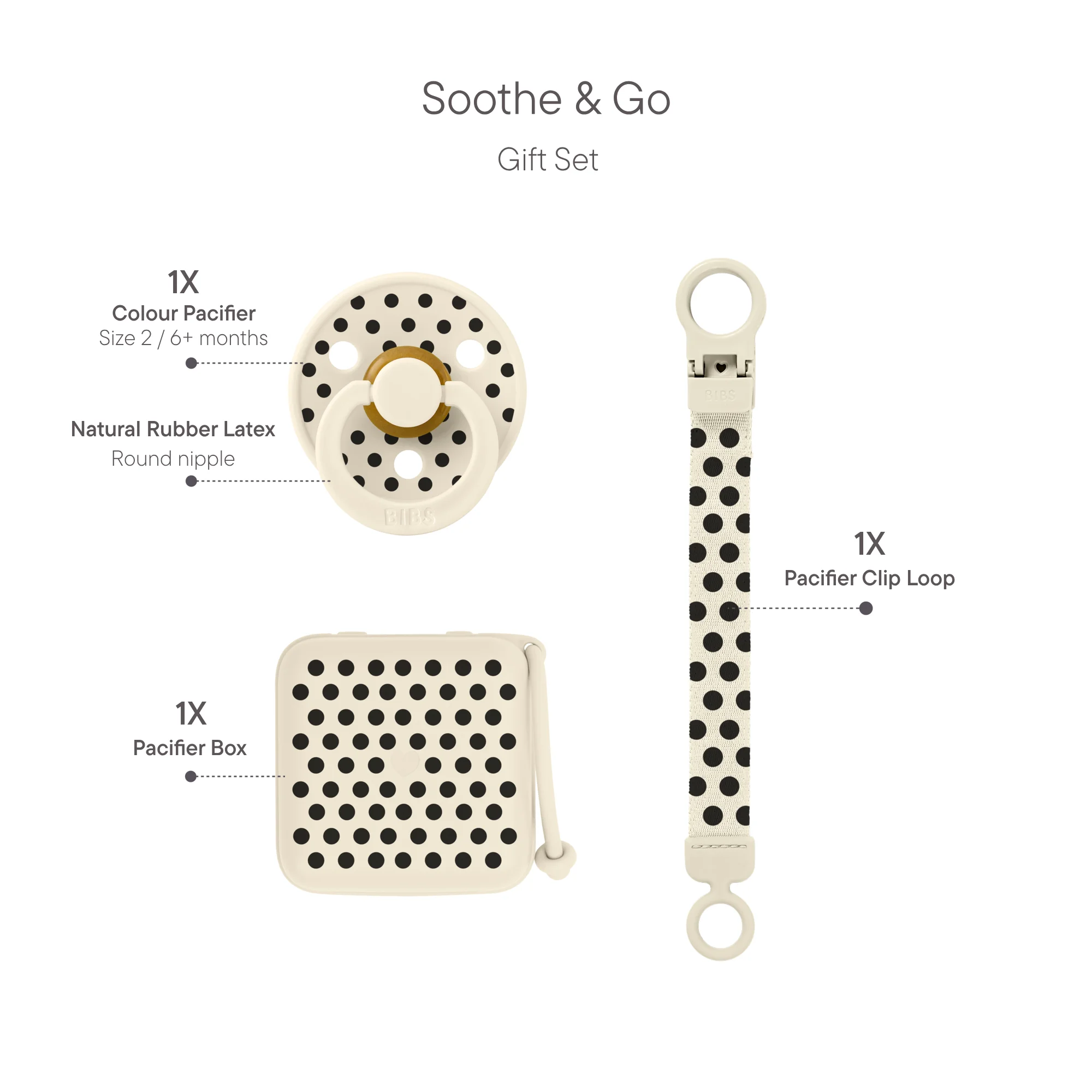 BIBS Gift Set Polka Soothe & Go Latex Size 2 Ivory Black