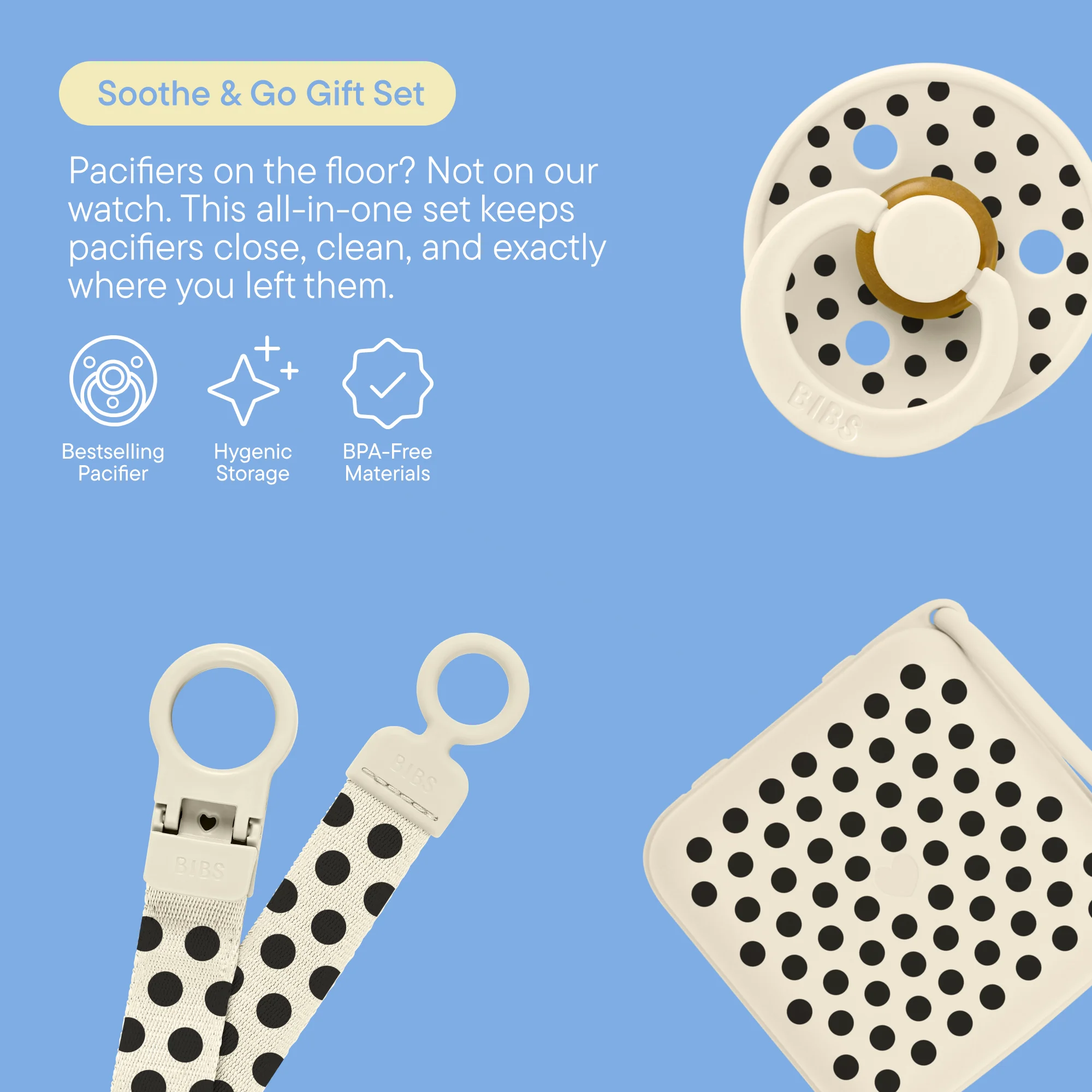 BIBS Gift Set Polka Soothe & Go Latex Size 2 Ivory Black