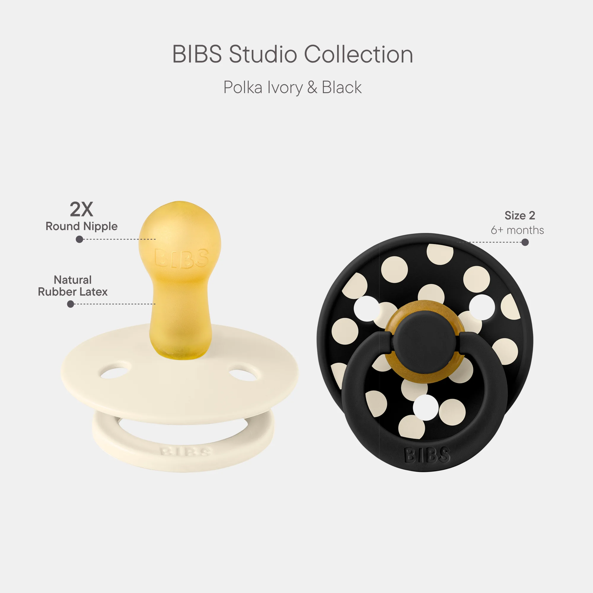 BIBS Pacifier Studio Colour 2 Pack Polka Latex Size 2 Ivory Black