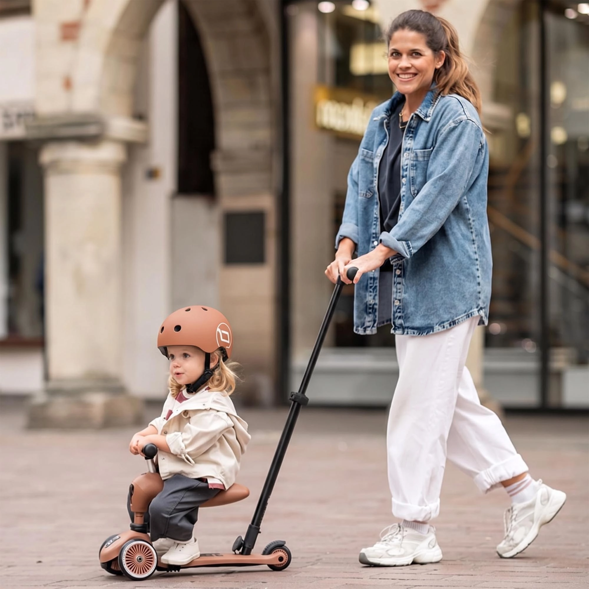 Scoot & Ride Highwaykick 1 Push & Go, 2-in-1 Toddler Scooter with Seat, Adjustable Parent Push Bar, Removable Footrests & Convertible Ride-On, Mocha