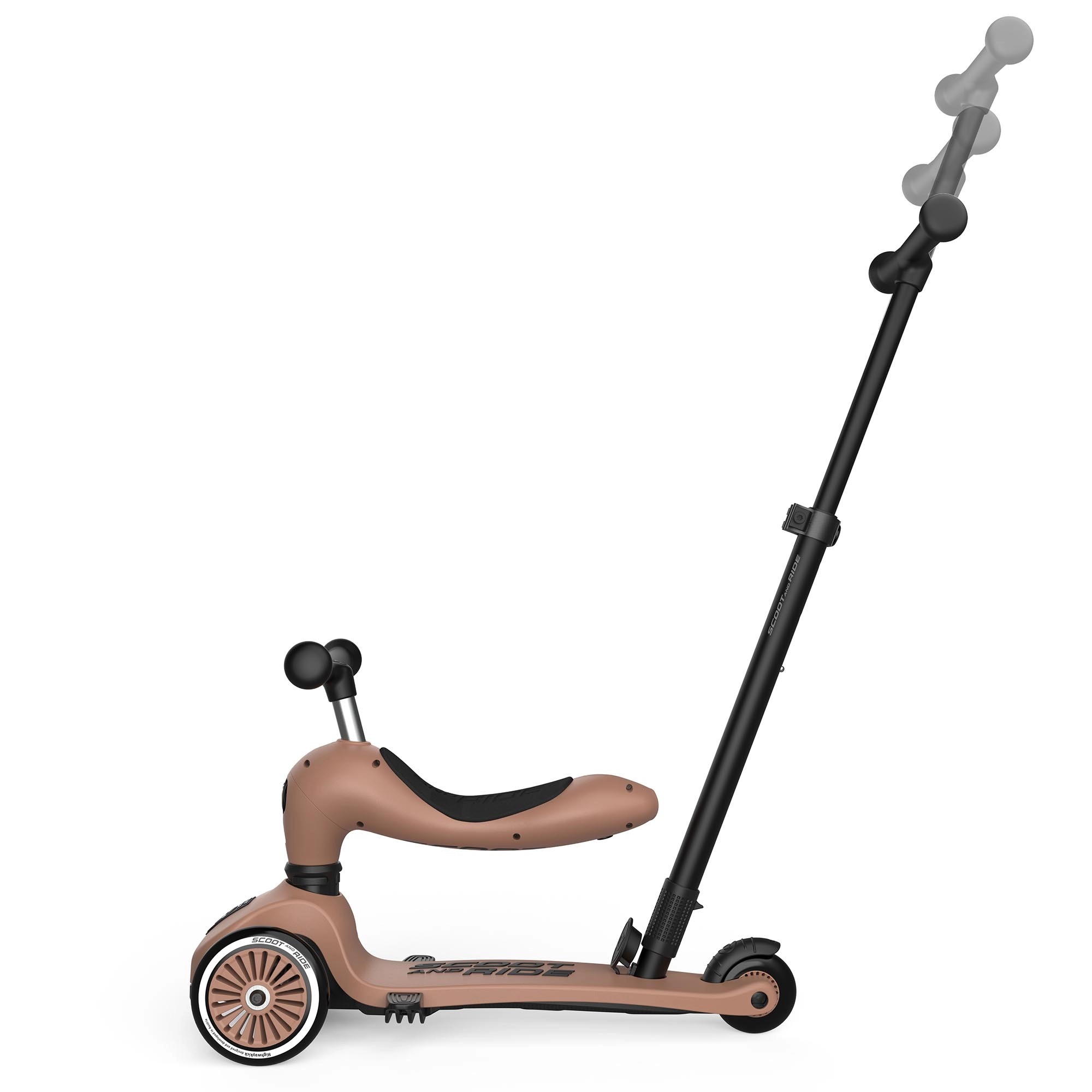 Scoot & Ride Highwaykick 1 Push & Go, 2-in-1 Toddler Scooter with Seat, Adjustable Parent Push Bar, Removable Footrests & Convertible Ride-On, Mocha