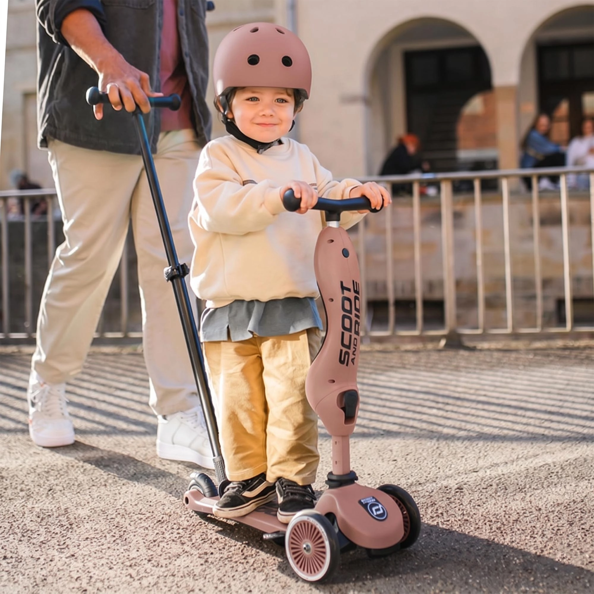 Scoot & Ride Highwaykick 1 Push & Go, 2-in-1 Toddler Scooter with Seat, Adjustable Parent Push Bar, Removable Footrests & Convertible Ride-On, Mocha