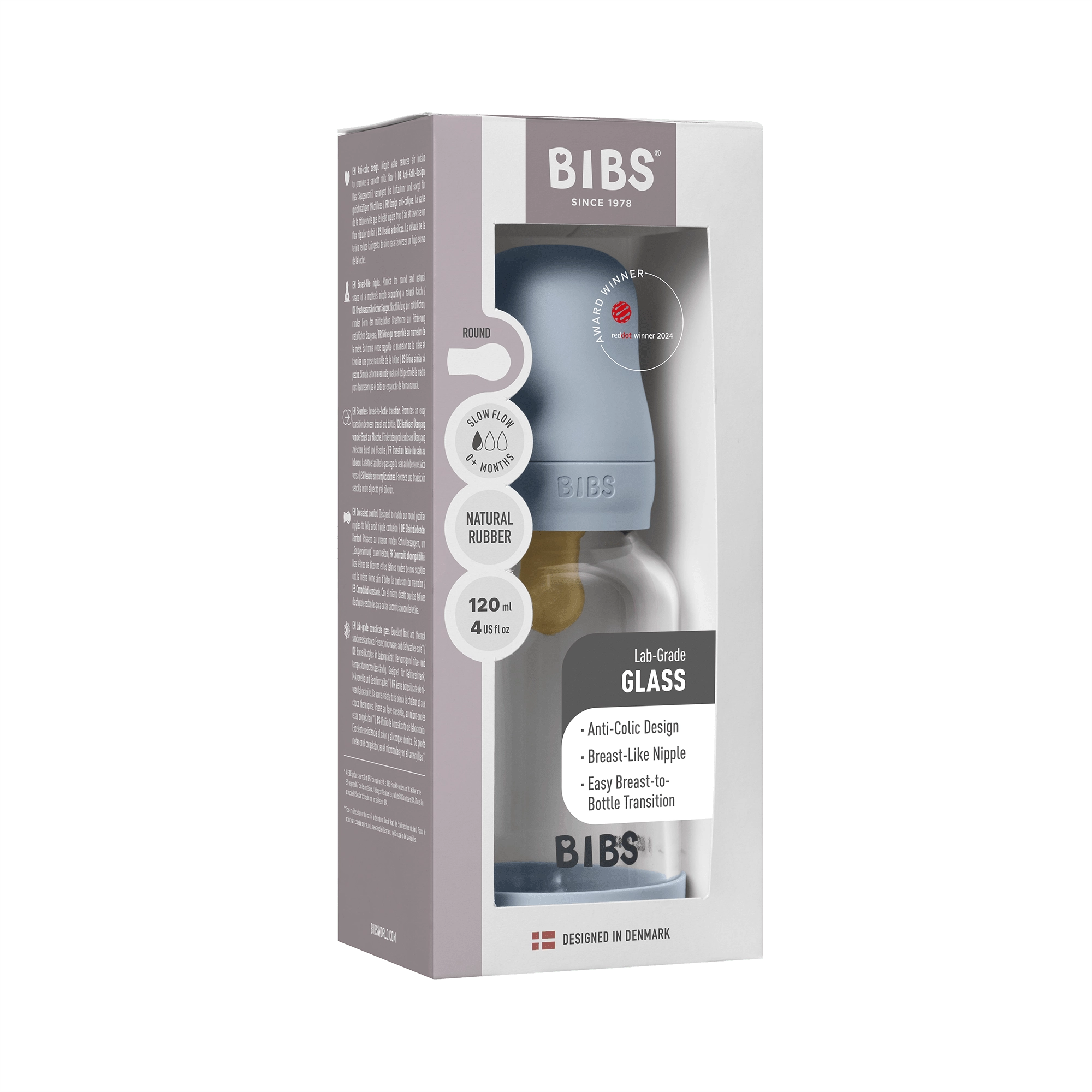 BIBS Glass Baby Bottle Round Latex 1 pack 120 ml Slow Flow Baby Blue