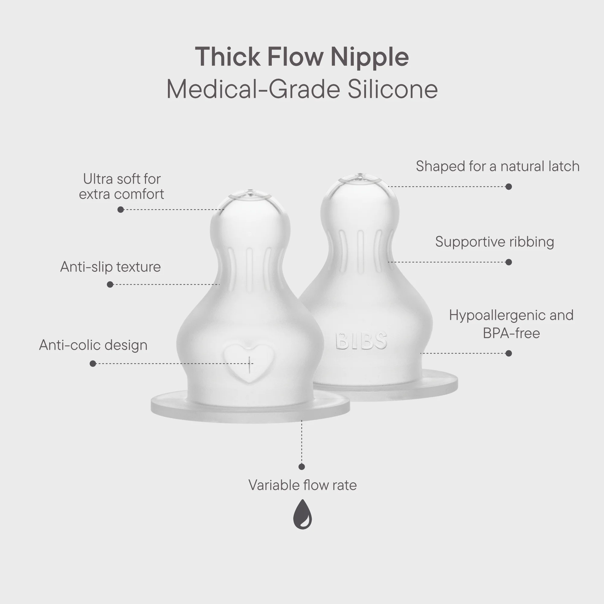 BIBS Baby Bottle Nipple Round Silicone 2 pack Thick Flow
