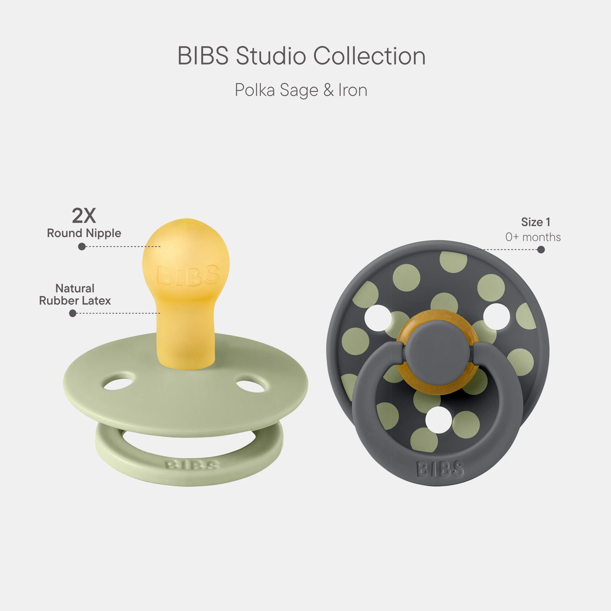 BIBS Pacifier Studio Colour 2 Pack Polka Latex Size 1 Sage Iron