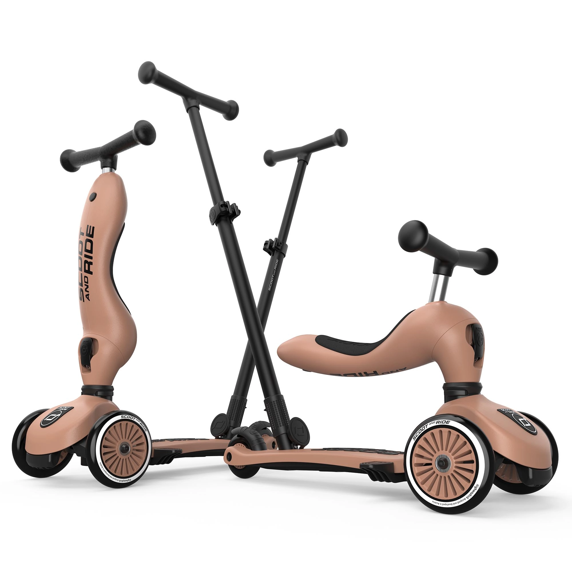Scoot & Ride Highwaykick 1 Push & Go, 2-in-1 Toddler Scooter with Seat, Adjustable Parent Push Bar, Removable Footrests & Convertible Ride-On, Mocha