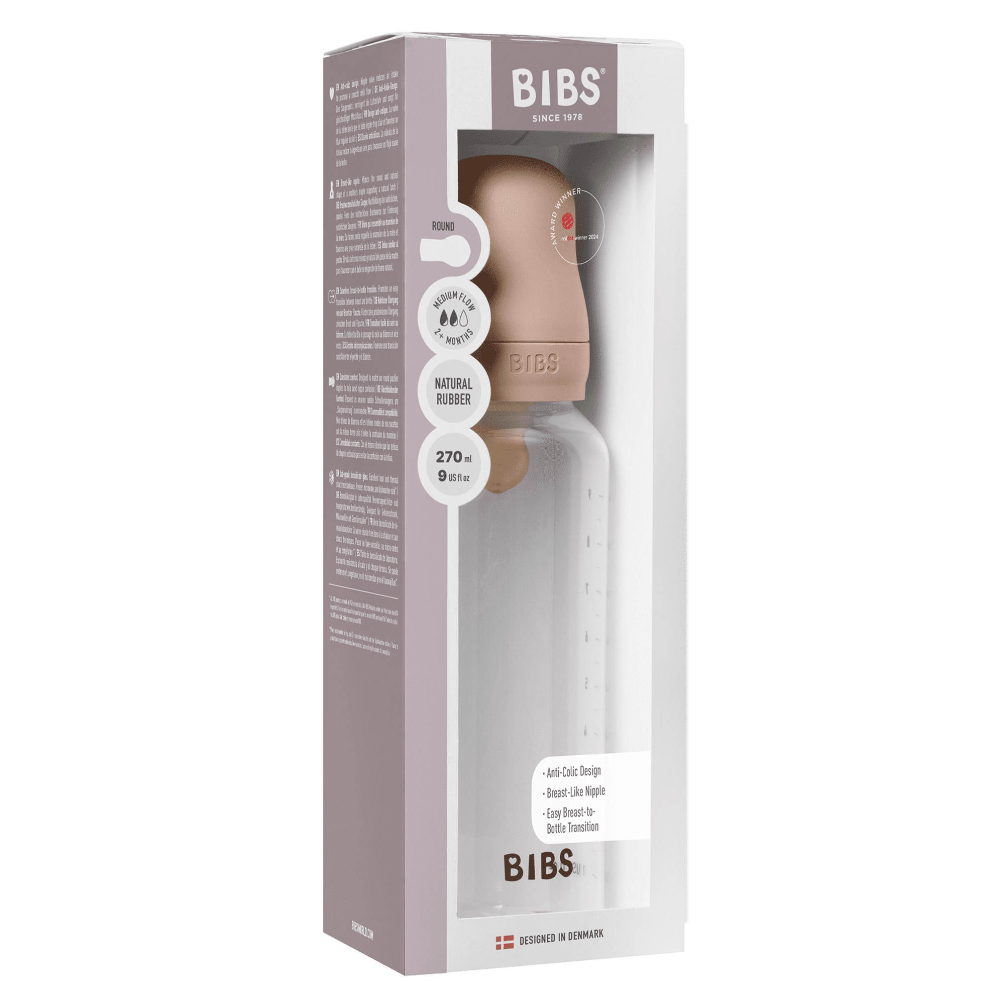 BIBS Baby Bottle Round Nipple Latex 1 Pack 270 Ml Medium Flow Blush