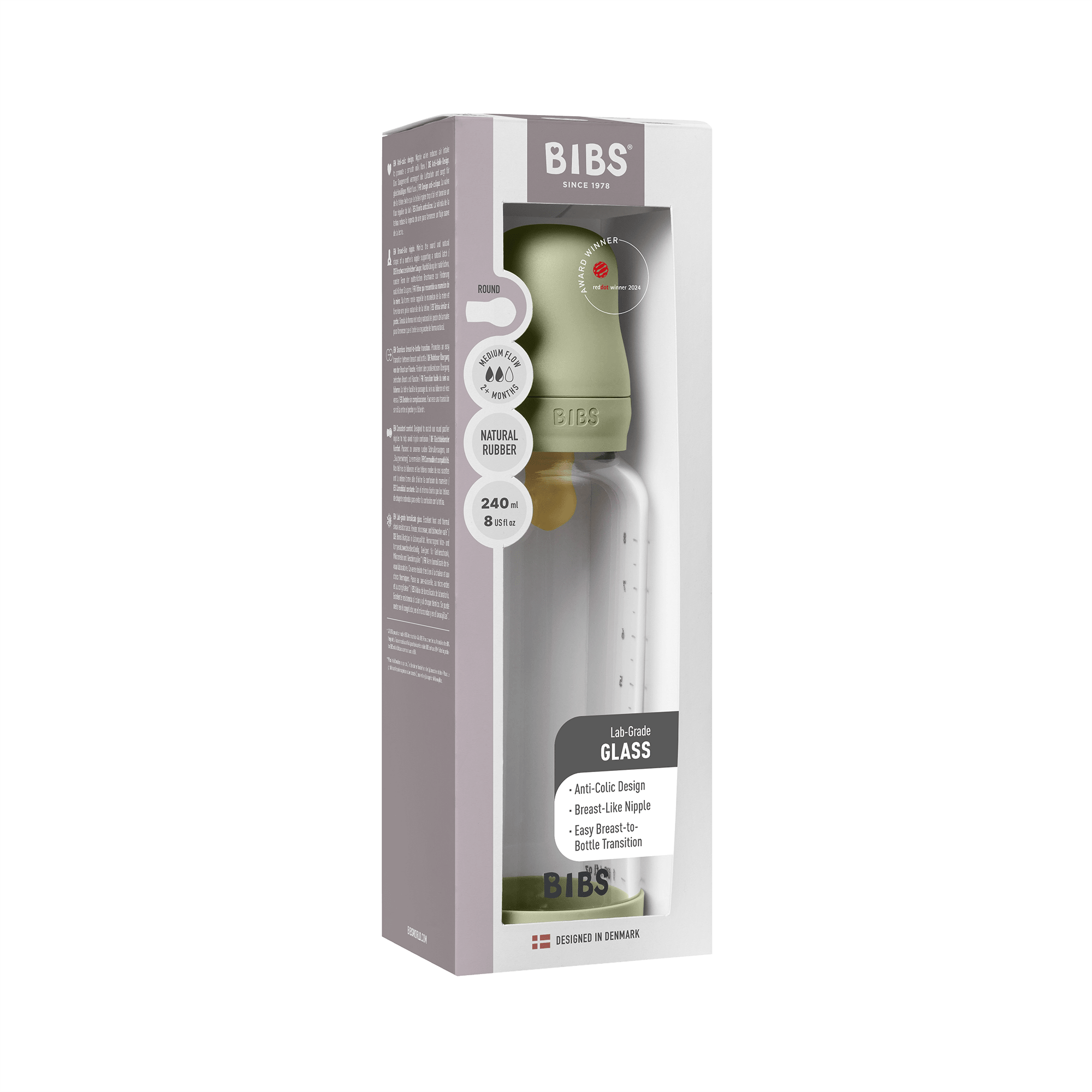 BIBS Glass Baby Bottle Round Latex 1 pack 240 ml Medium Flow Sage