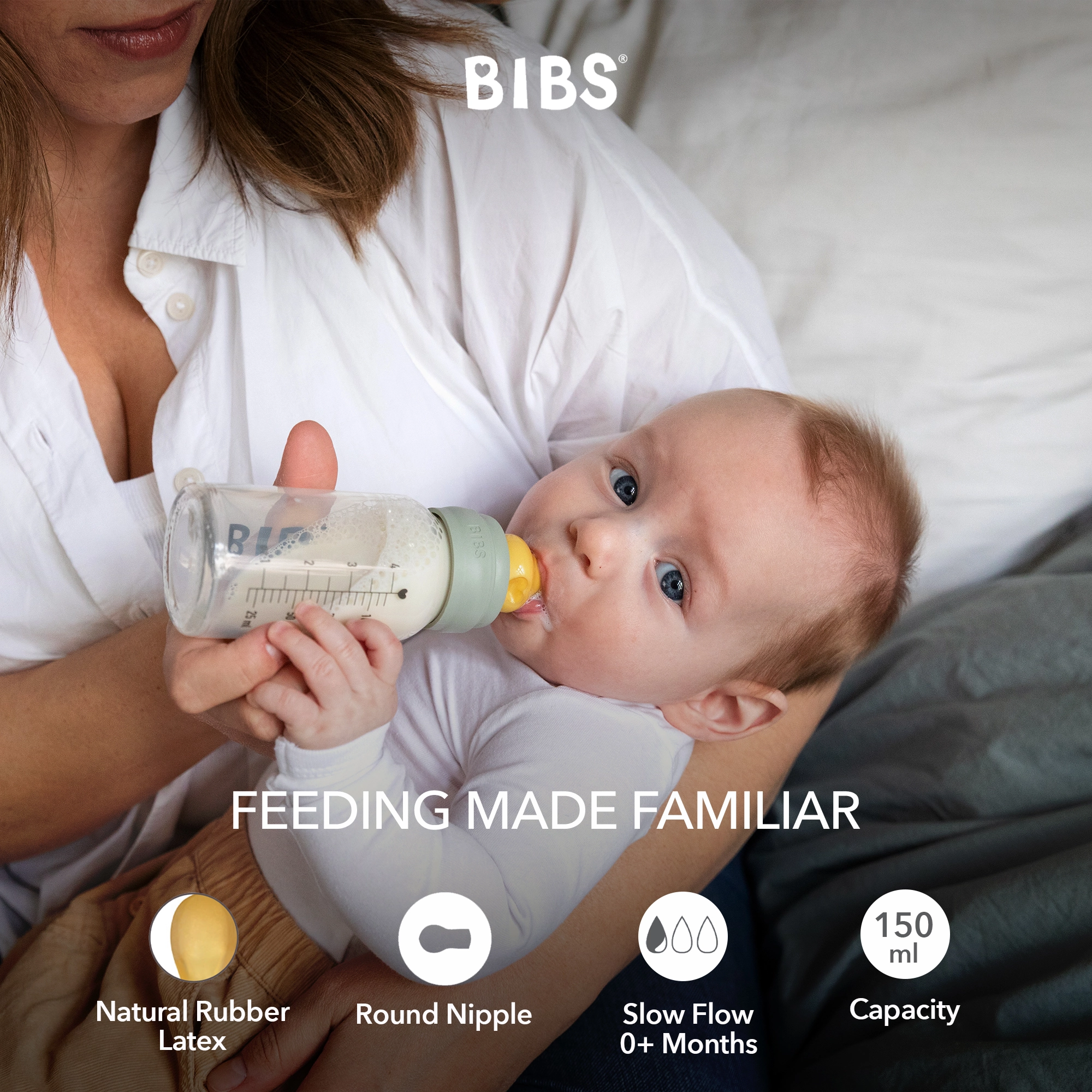 BIBS Baby Bottle Round Nipple Latex 1 Pack 150 Ml Slow Flow Ivory