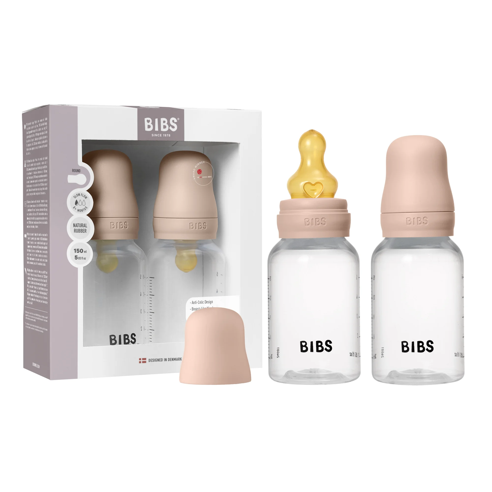 BIBS Baby Bottle Round Latex 2 Pack 150 Ml Slow Flow Blush