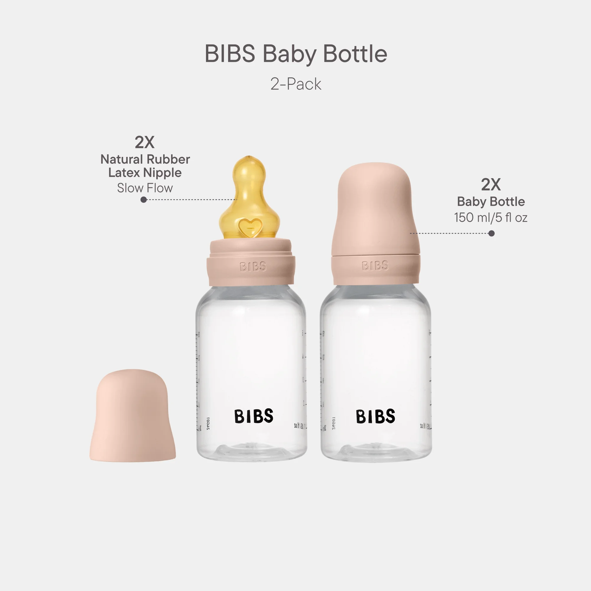 BIBS Baby Bottle Round Latex 2 Pack 150 Ml Slow Flow Blush