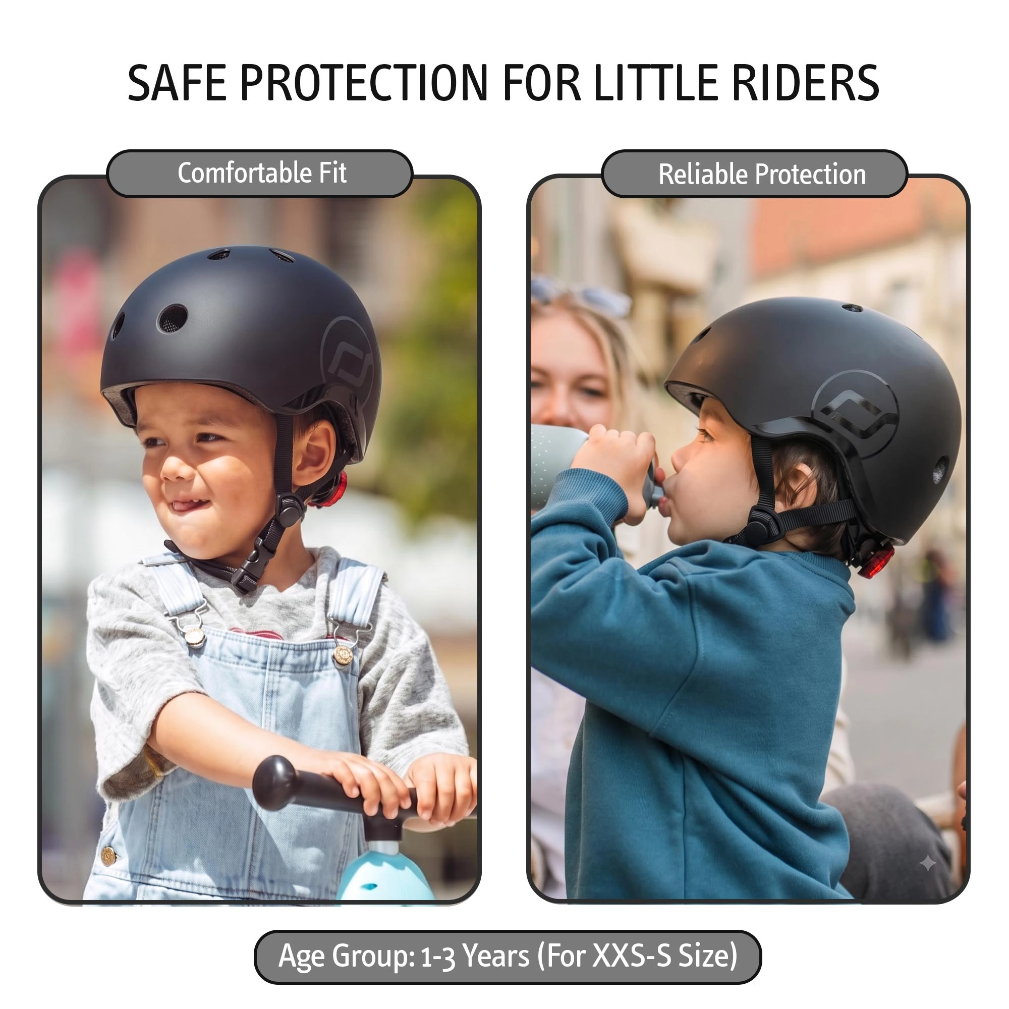 Scoot & Ride Baby Helmet XXS-S, Adjustable Kids Helmet with Magnetic Fastener, Baby Head Protector for Children with 45–51 cm Head Size, Black