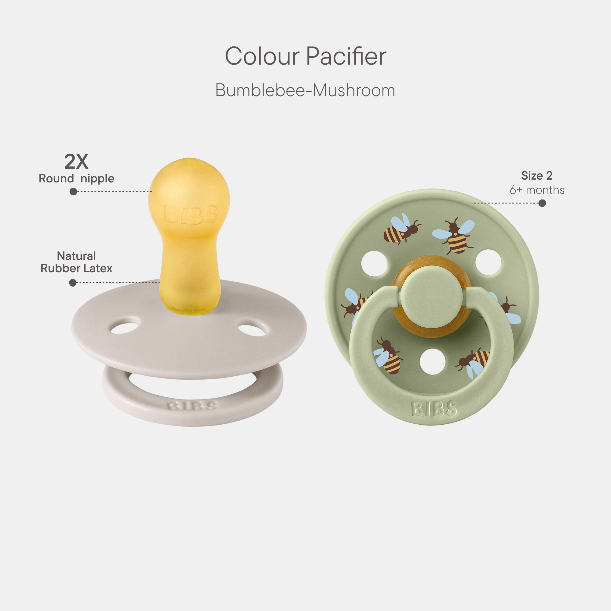 BIBS Pacifier Studio Colour 2 PACK Bumblebee Latex Size 2 Mushroom Mix