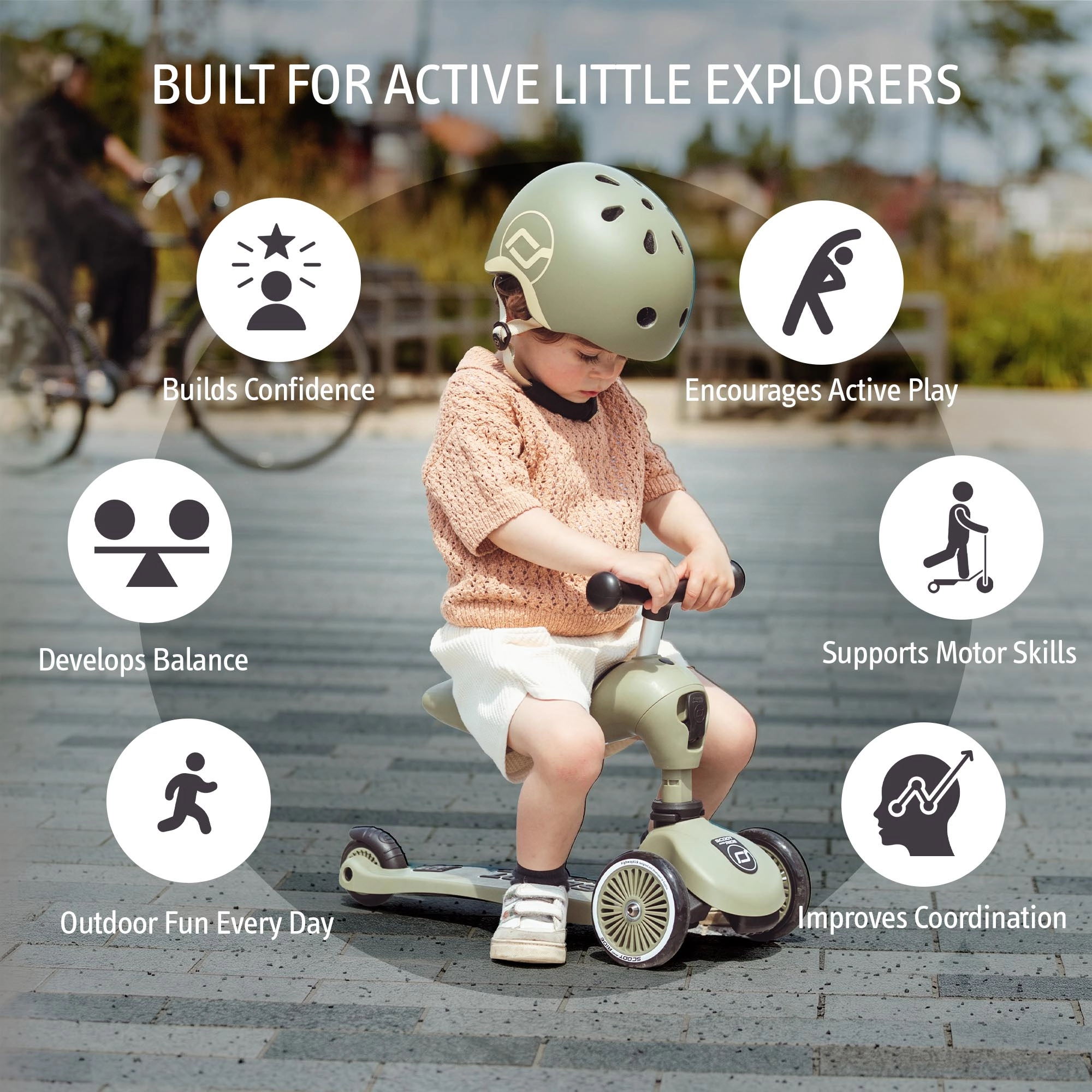 Scoot & Ride Highwaykick 1 Kids Scooter with Adjustable Seat, 2-in-1 Kick Scooter for Children Aged 1–5 Years, Olive