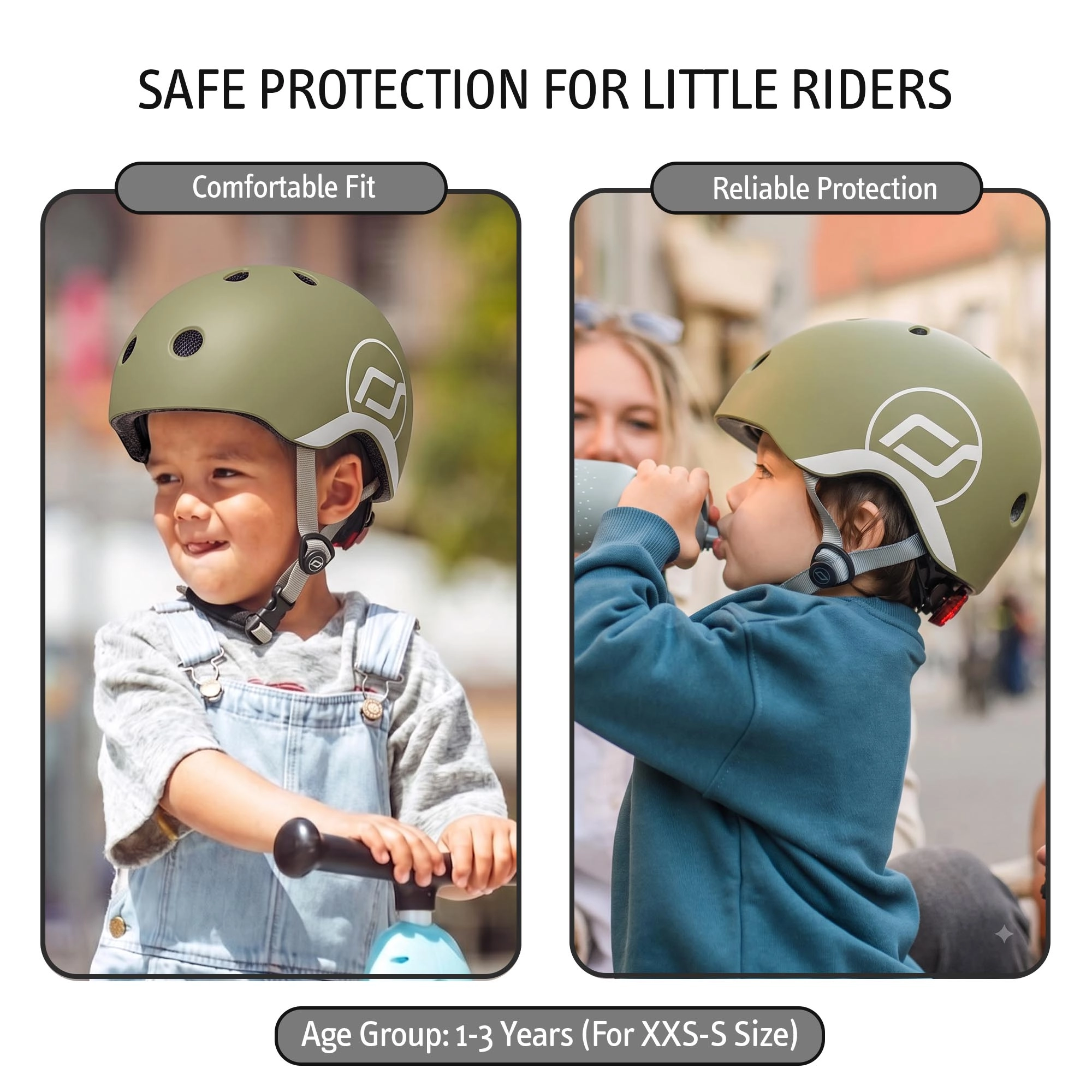 Scoot & Ride Baby Helmet XXS-S, Adjustable Kids Helmet with Magnetic Fastener, Baby Head Protector for Children with 45–51 cm Head Size, Olive