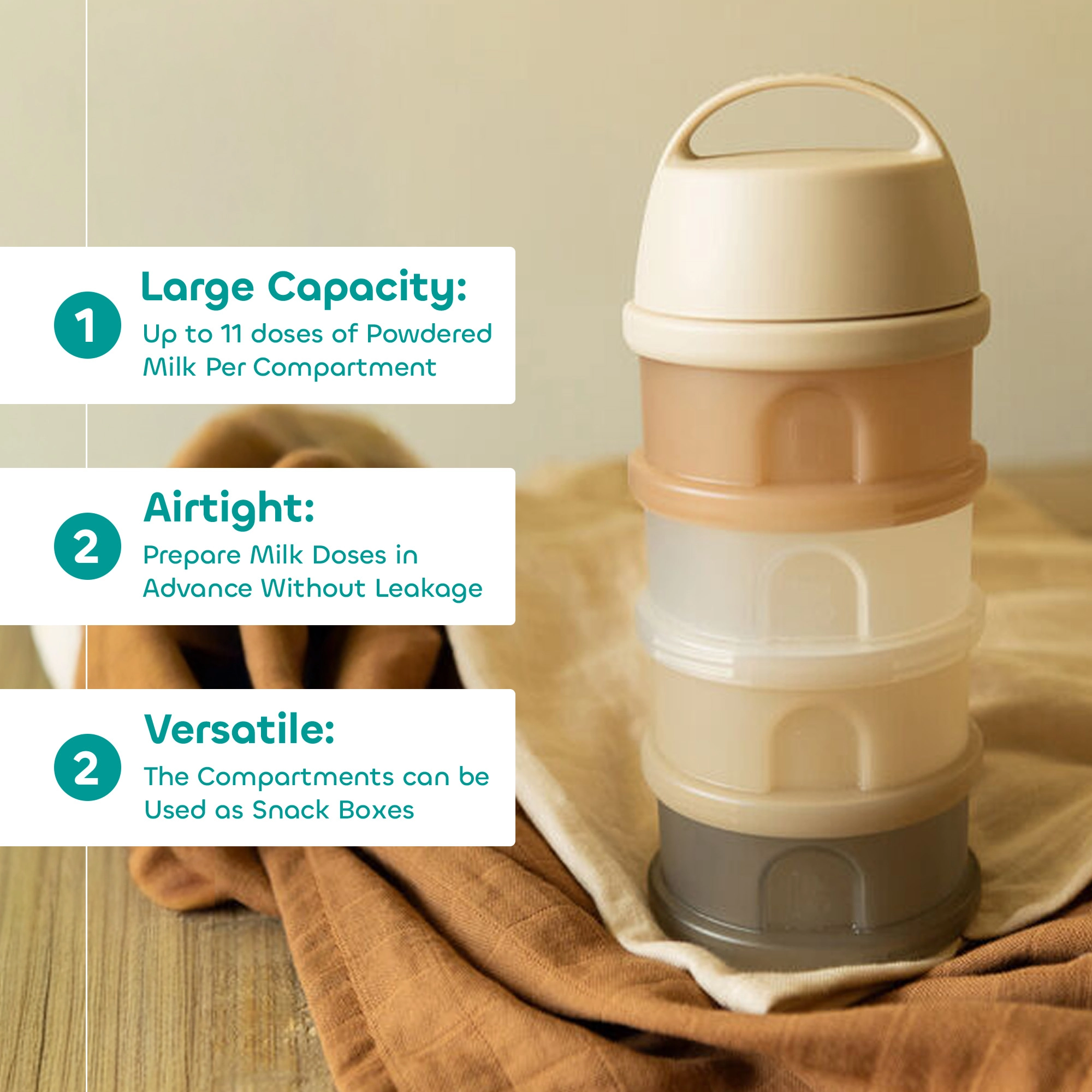 Beaba Formula Milk Container Translucid Clay, 4-Compartment Milk Powder Dispenser, Stackable and Leak-Proof Baby Formula Storage, BPA-Free, Easy to Clean and Portable for Travel, From Newborn