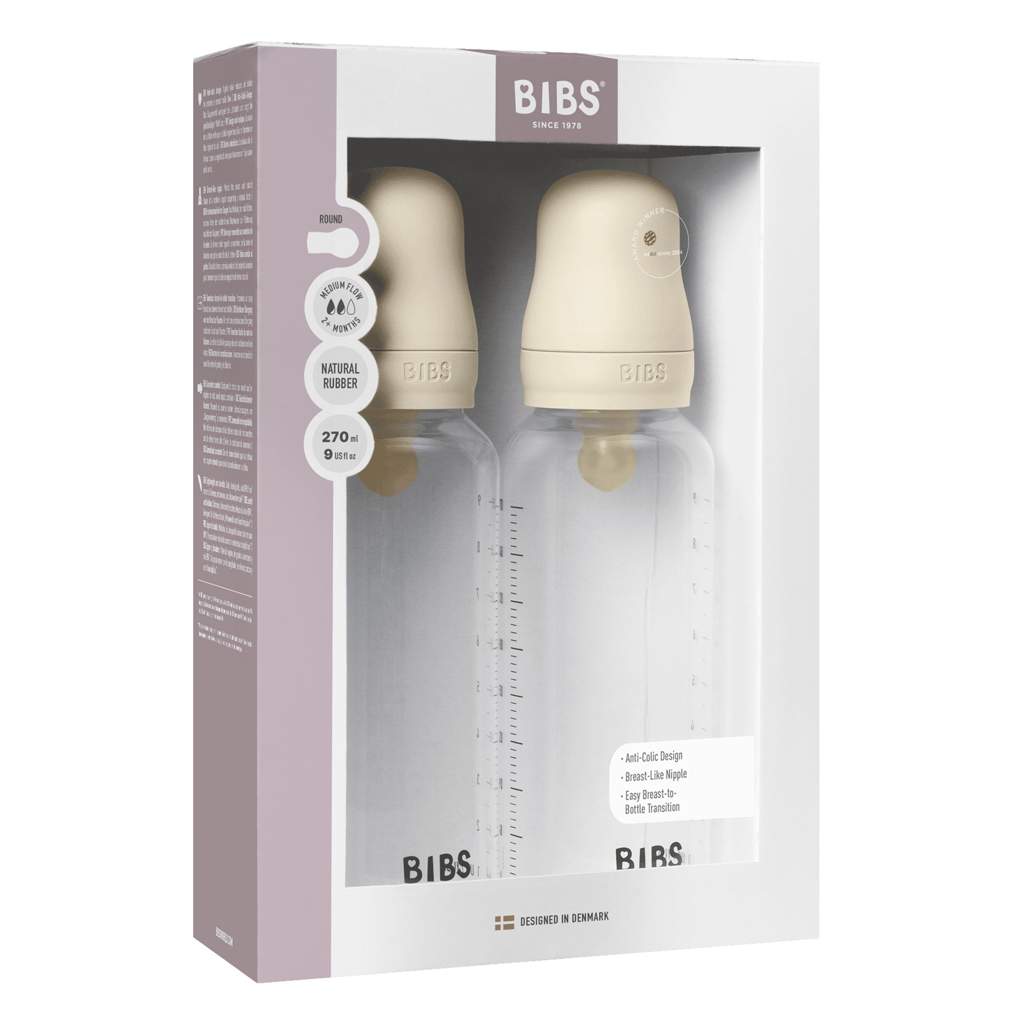 BIBS Baby Bottle Round Nipple Latex 2 Pack 270 Ml Medium Flow Ivory