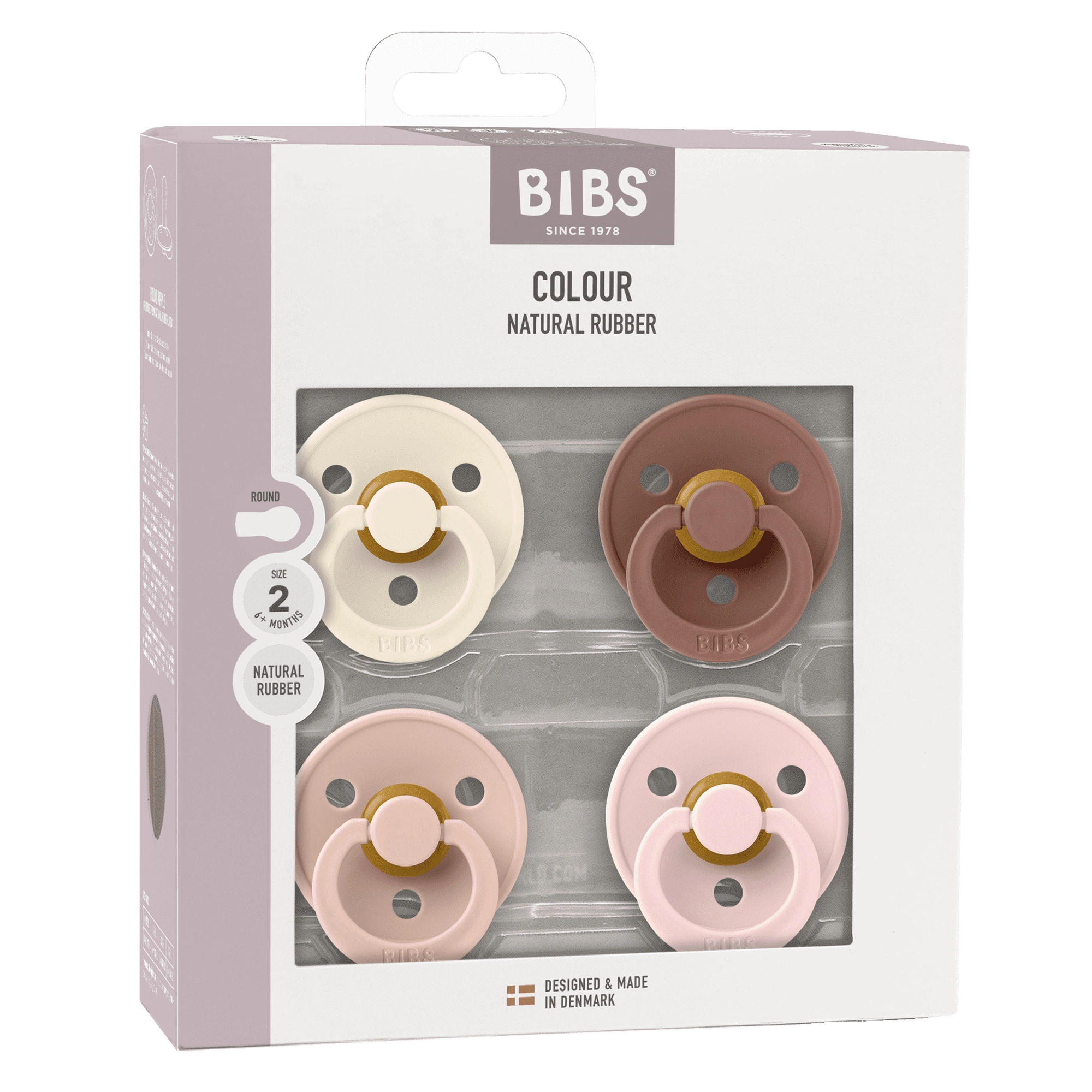BIBS Round Pacifier Colour 4 Pack Latex Size 2 Ivory Blush Woodchuck Blossom