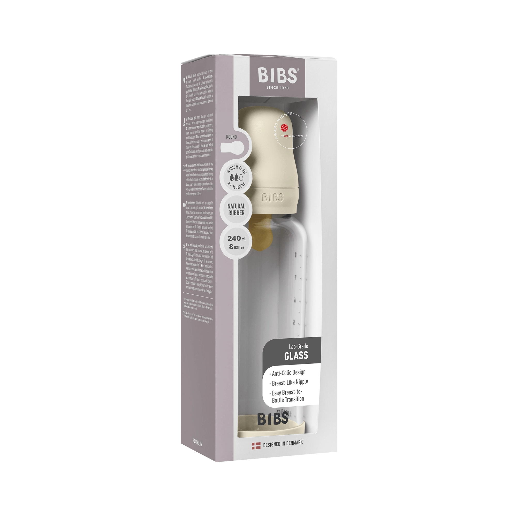 BIBS Glass Baby Bottle Round Latex 1 pack 240 ml Medium Flow Ivory