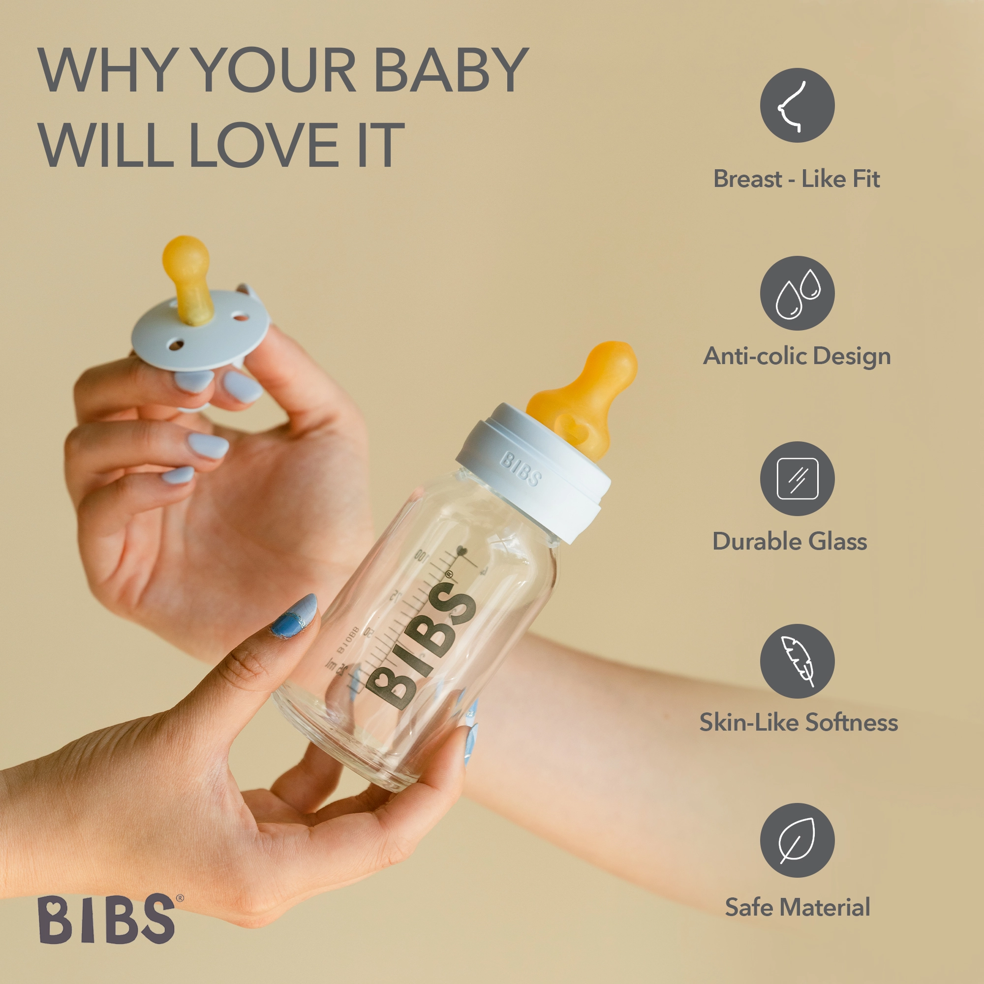 BIBS Glass Baby Bottle Round Latex 2 Pack 240 Ml Medium Flow Ivory