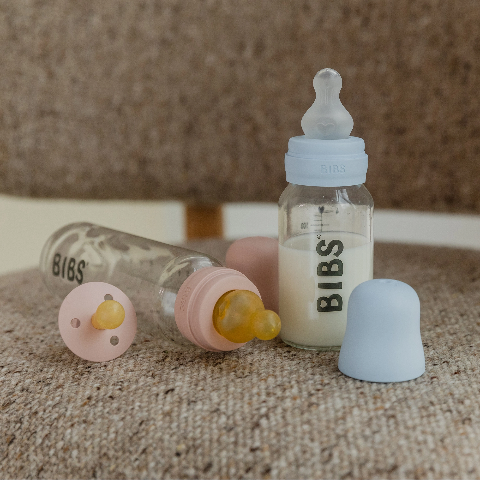 BIBS Glass Baby Bottle Round Latex 2 Pack 240 Ml Medium Flow Ivory