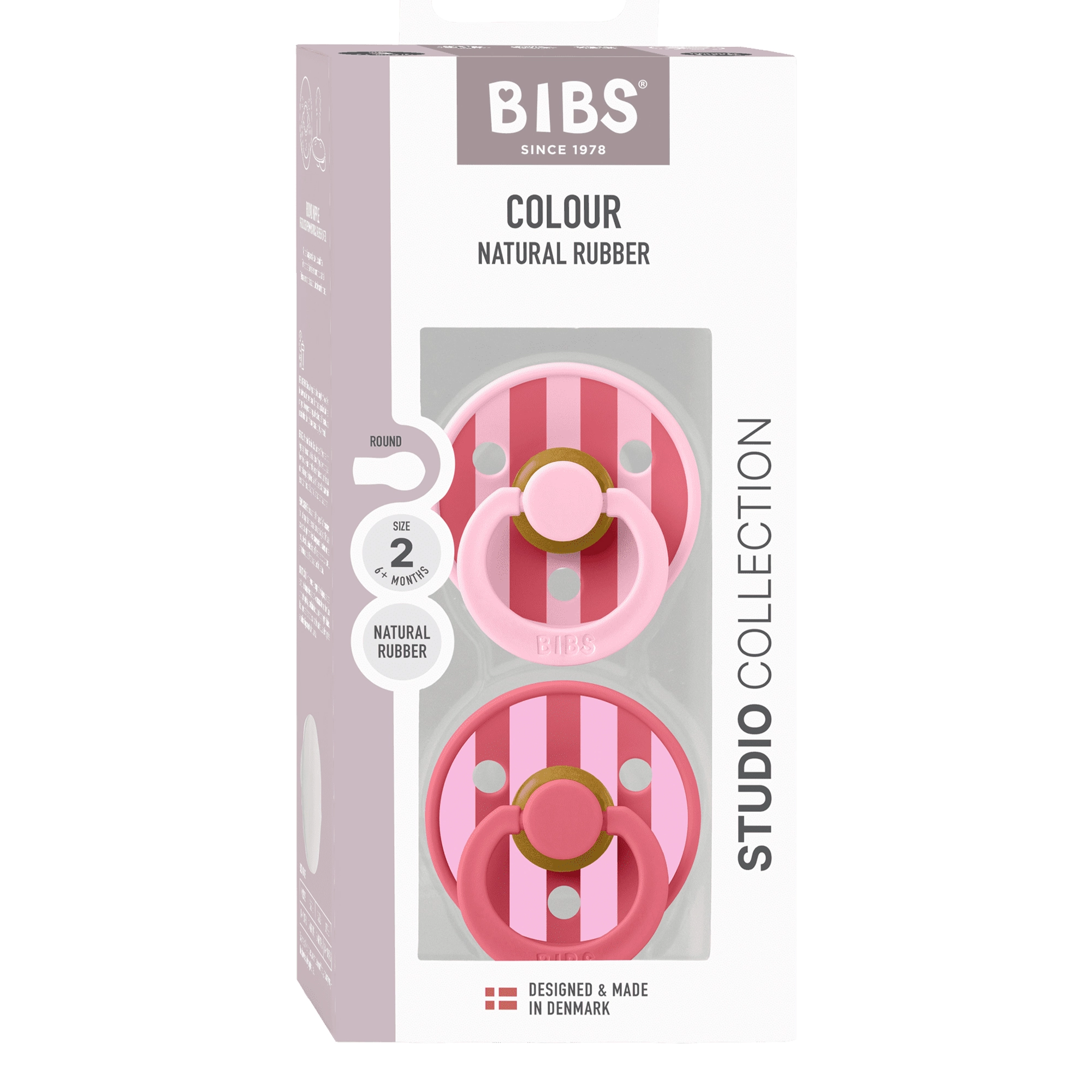 BIBS Round Pacifier Studio Colour 2 Pack Block Latex Size 2 Baby Pink Coral Mix