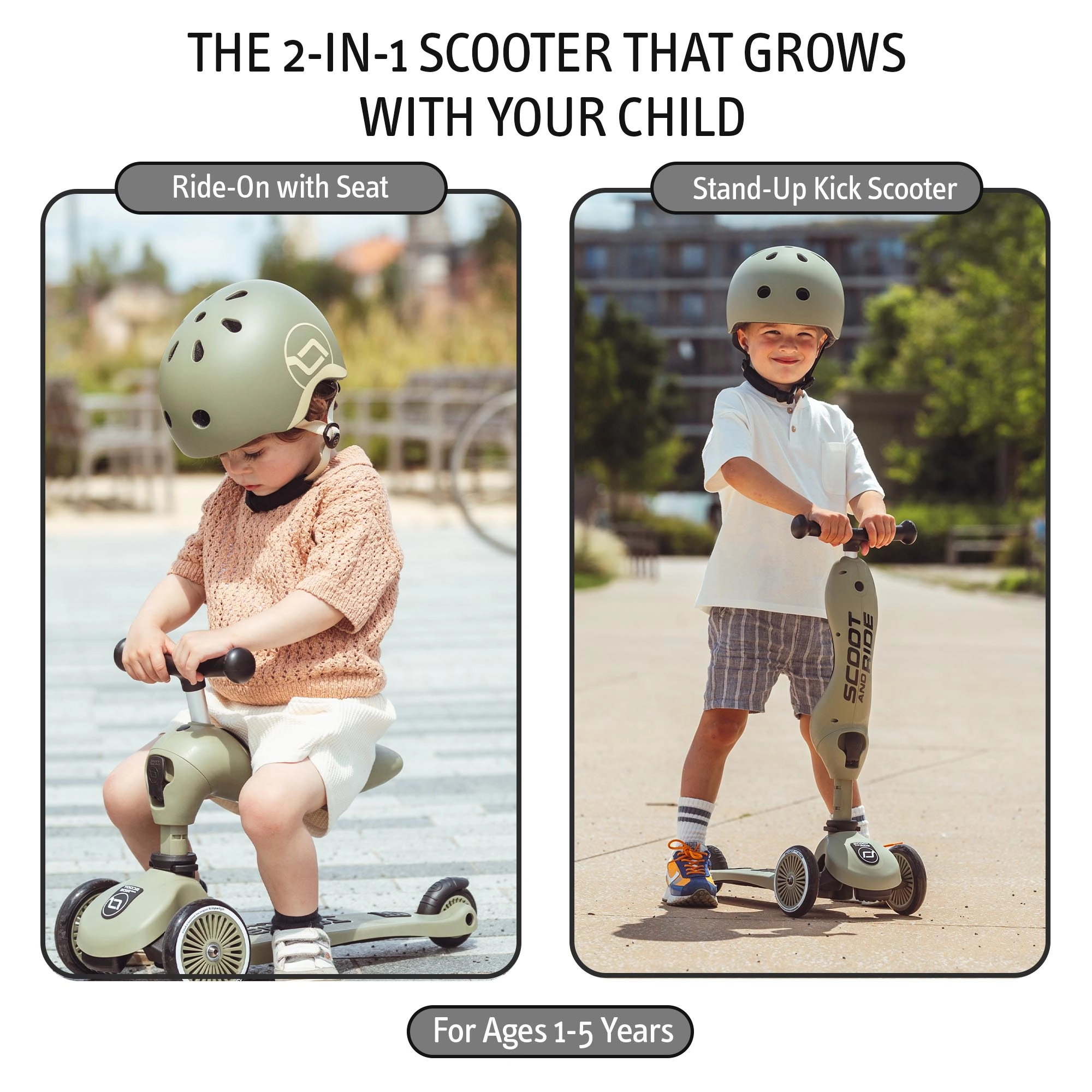 Scoot & Ride Highwaykick 1 Kids Scooter with Adjustable Seat, 2-in-1 Kick Scooter for Children Aged 1–5 Years, Olive