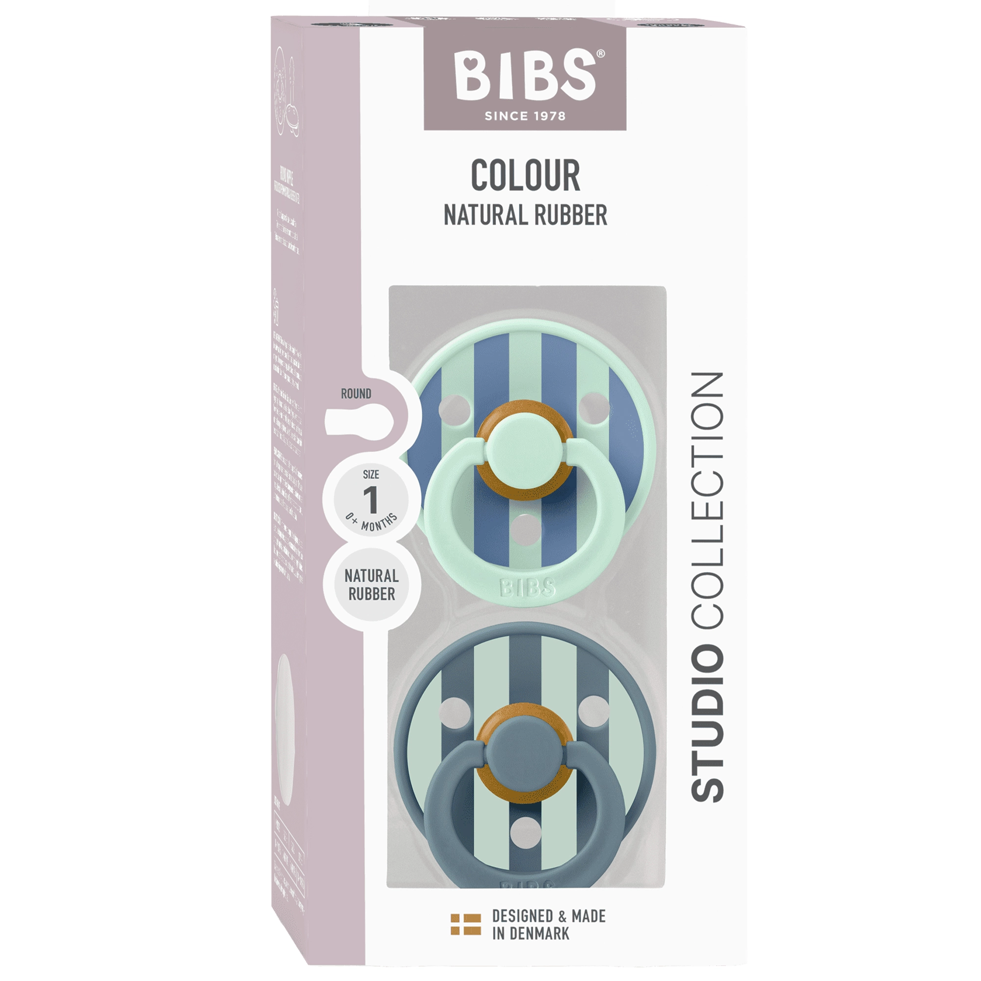BIBS Round Pacifier Studio Colour 2 Pack Block Latex Size 1 Nordic Mint Petrol Mix