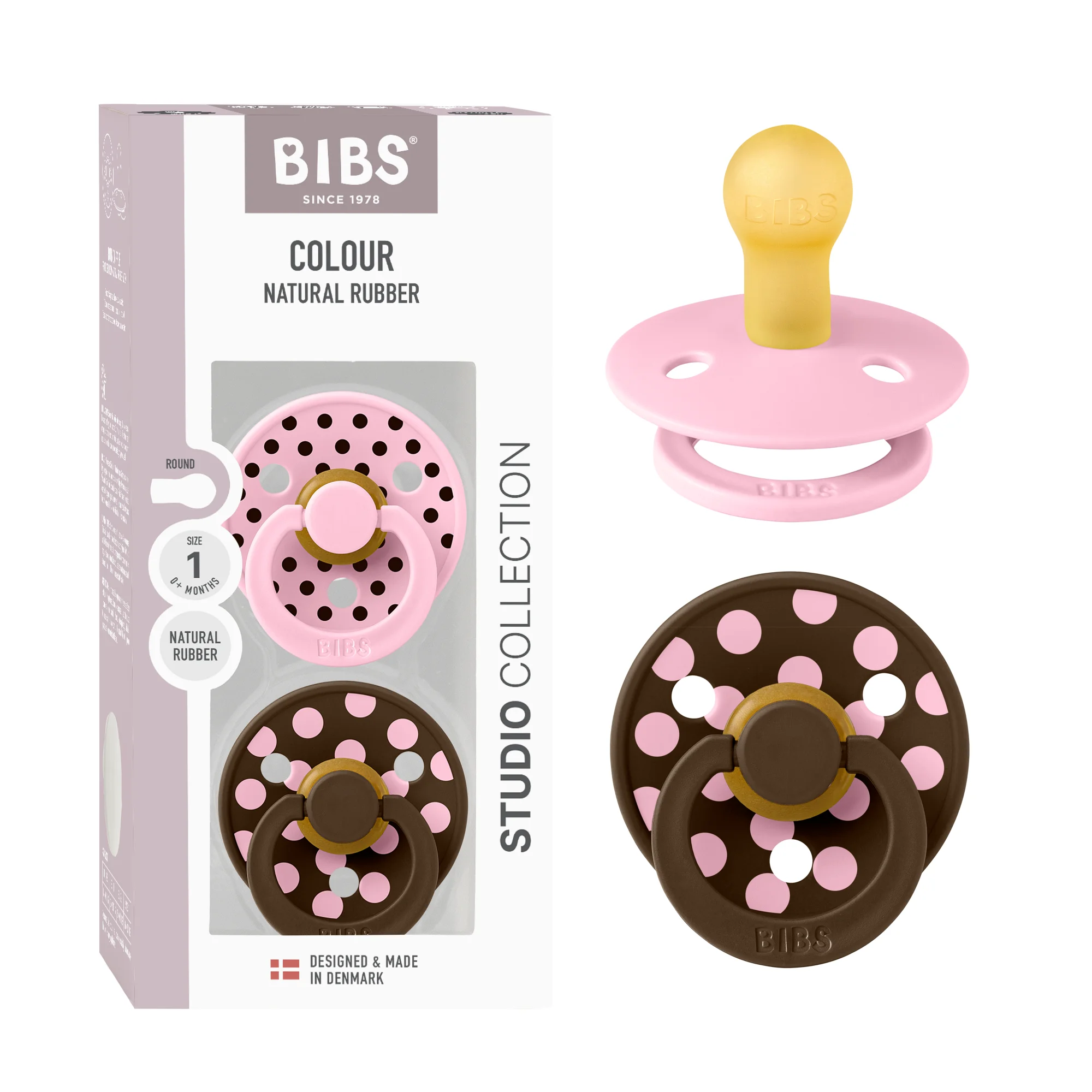 BIBS Pacifier Studio Colour 2 Pack Polka Latex Size 1 Baby Pink Mocha