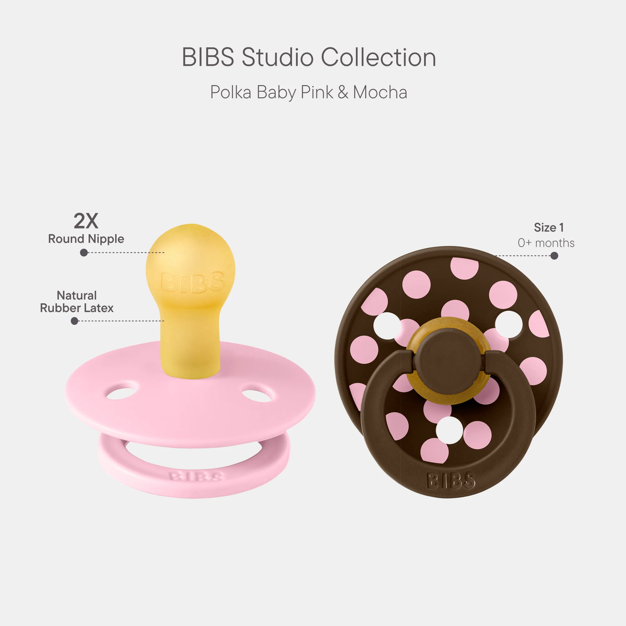 BIBS Pacifier Studio Colour 2 Pack Polka Latex Size 1 Baby Pink Mocha