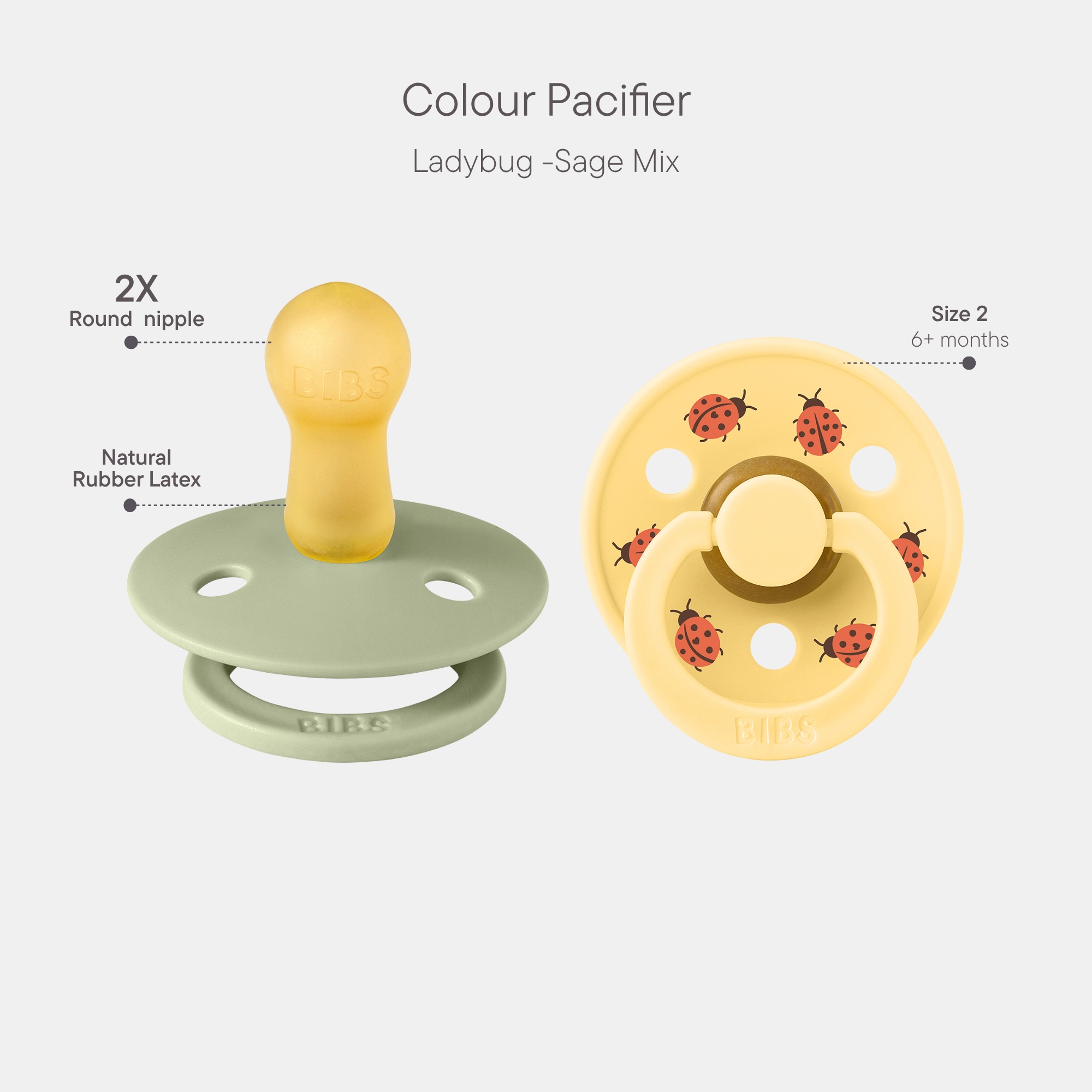 BIBS Pacifier Studio Colour 2 PACK Ladybug Latex Size 2 Sage Mix