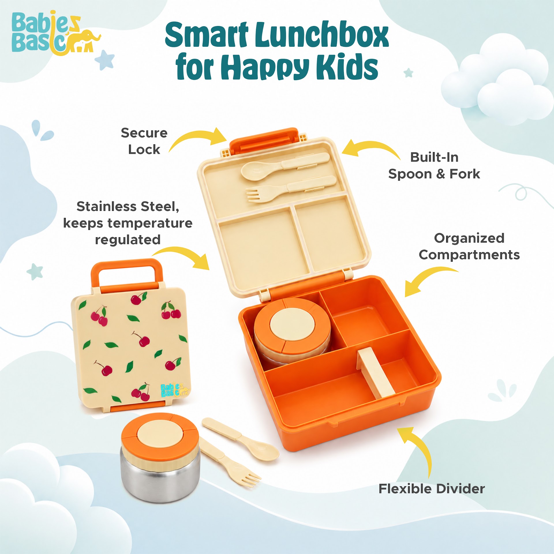 Babies Basic Insulated Bento Lunchbox, Built-in Thermos, Leakproof Compartments, 3+ Years - Beige - Fruit