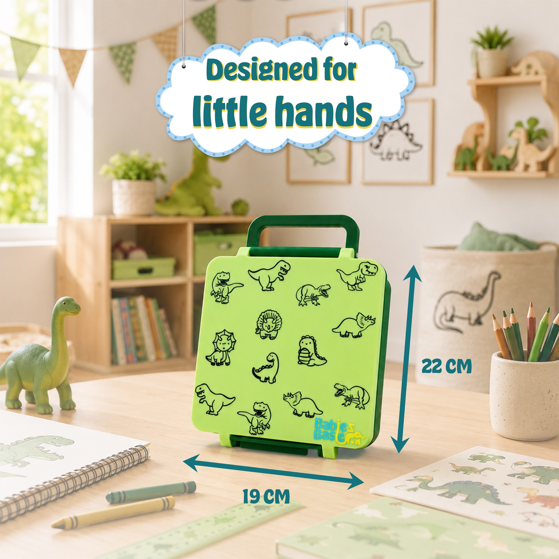 Babies Basic Insulated Bento Lunchbox, Built-in Thermos, Leakproof Compartments, 3+ Years - Green - Dinosaur
