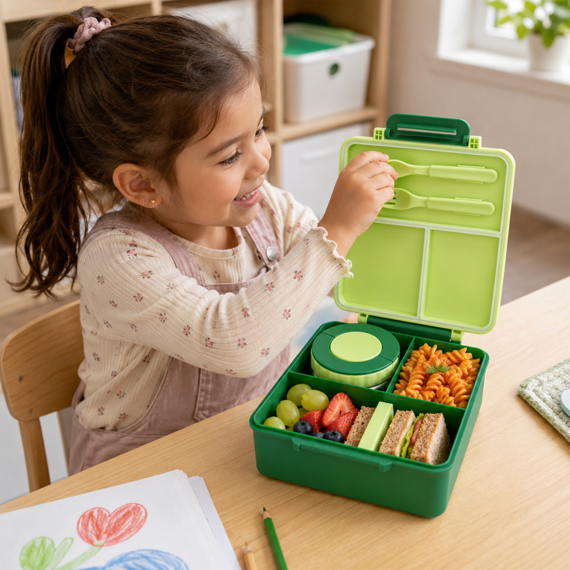 Babies Basic Insulated Bento Lunchbox, Built-in Thermos, Leakproof Compartments, 3+ Years - Green - Dinosaur